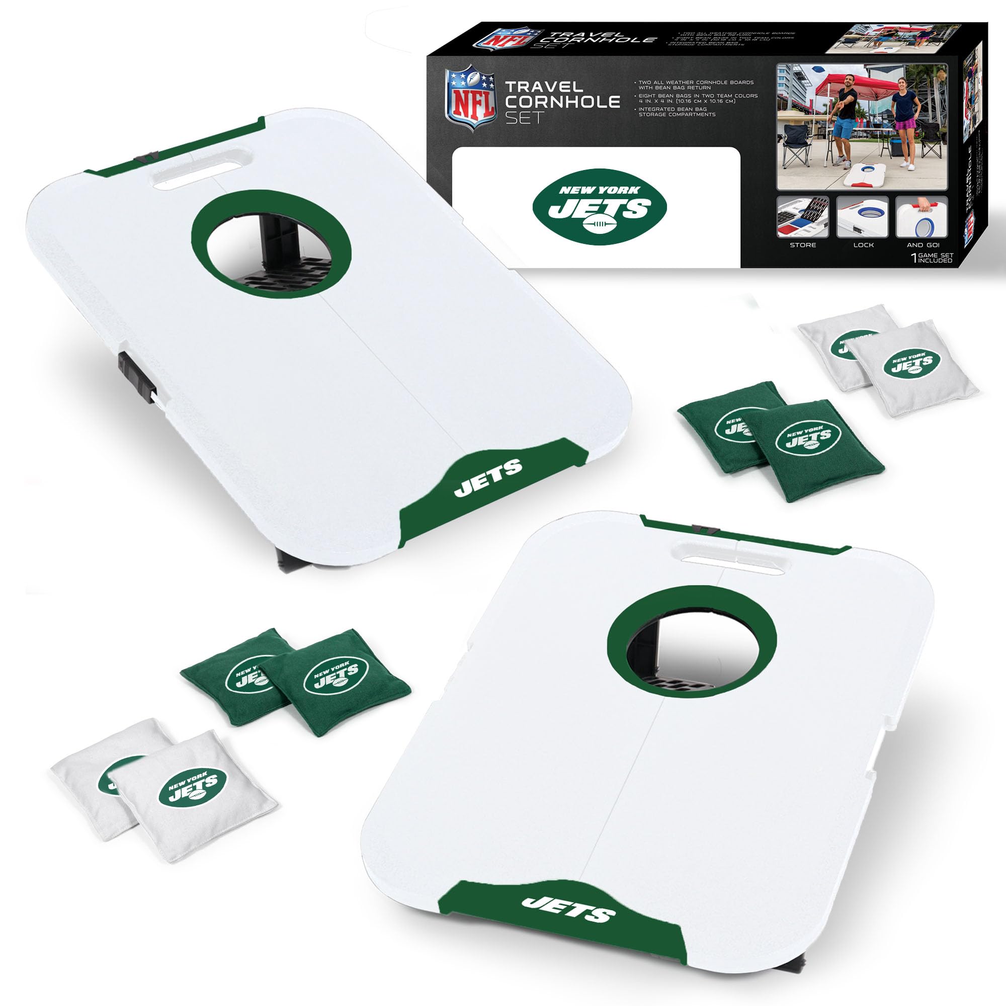 Wild Sports NFL New York Jets Pro Football All-Weather Cornhole Set - Travel Bean Bag Toss Set Includes 8 Bean Bags - Sports Collectibles, Sports Memorabilia, Sports Fan Shop, Sports Gifts