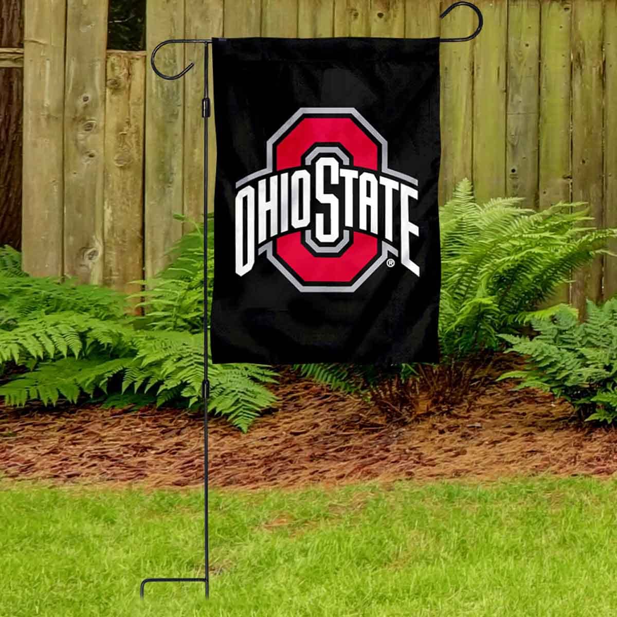 College Flags & Banners Co. Ohio State Buckeyes Black Garden Banner Flag with Flag Pole Stand Set - Sports Collectibles, Sports Memorabilia, Sports Fan Shop, Sports Gifts