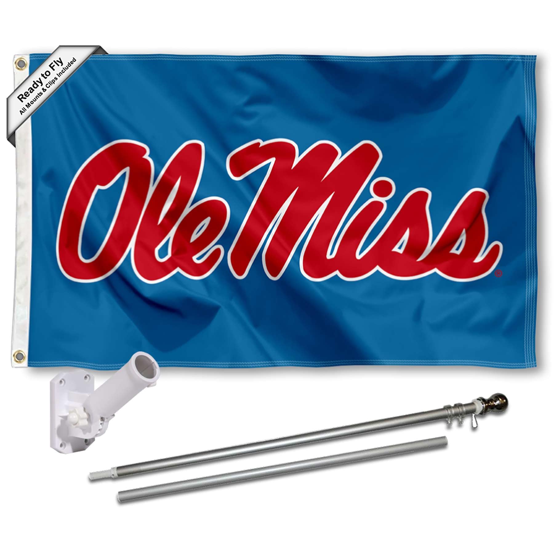 College Flags & Banners Co. Ole Miss Powder Blue Flag with Pole and Bracket Complete Set - Sports Collectibles, Sports Memorabilia, Sports Fan Shop, Sports Gifts