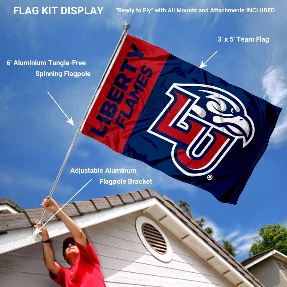 College Flags & Banners Co. Liberty Flames Logo Flag and Pole Bracket Mount Bundle - Sports Collectibles, Sports Memorabilia, Sports Fan Shop, Sports Gifts