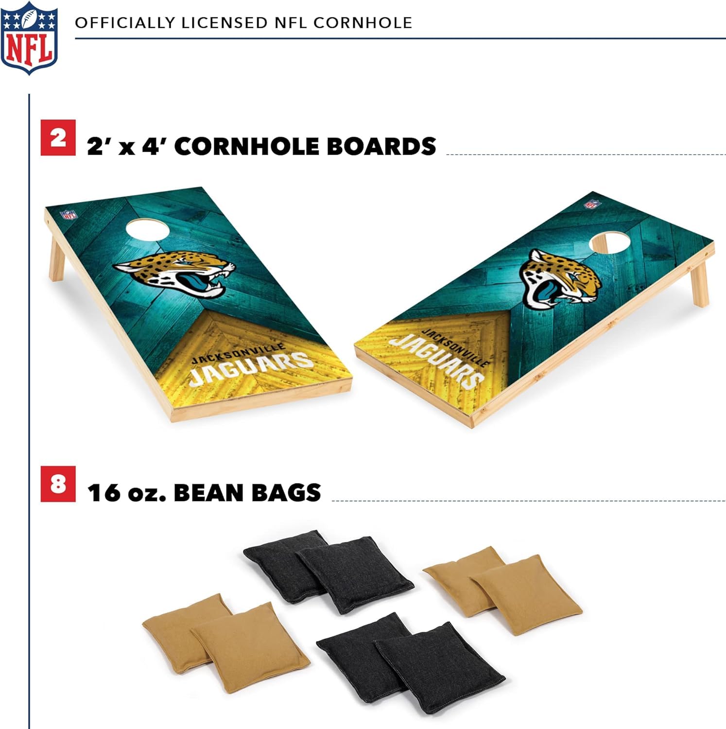 Wild Sports NFL Jacksonville Jaguars 2' x 4' Regulation Size Solid Wood Cornhole Set with Direct Print HD Team Graphics - Sports Collectibles, Sports Memorabilia, Sports Fan Shop, Sports Gifts