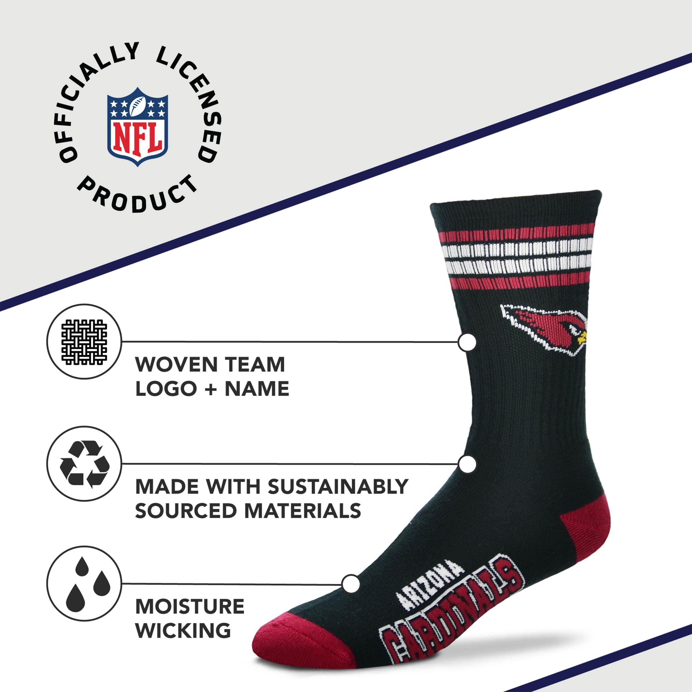 For Bare Feet NFL Youth 4 Stripe Deuce Crew Sock, Arizona Cardinals, One Size - Sports Gifts, Sports Memorabilia, Sports Collectibles, Fan Shop