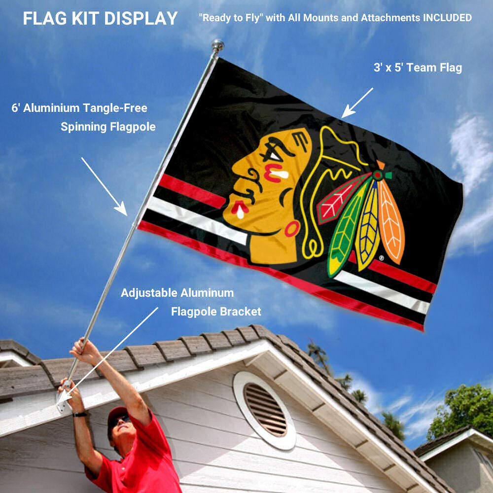 WinCraft Chicago Blackhawks Black Flag Pole and Bracket Set - Sports Collectibles, Sports Memorabilia, Sports Fan Shop, Sports Gifts