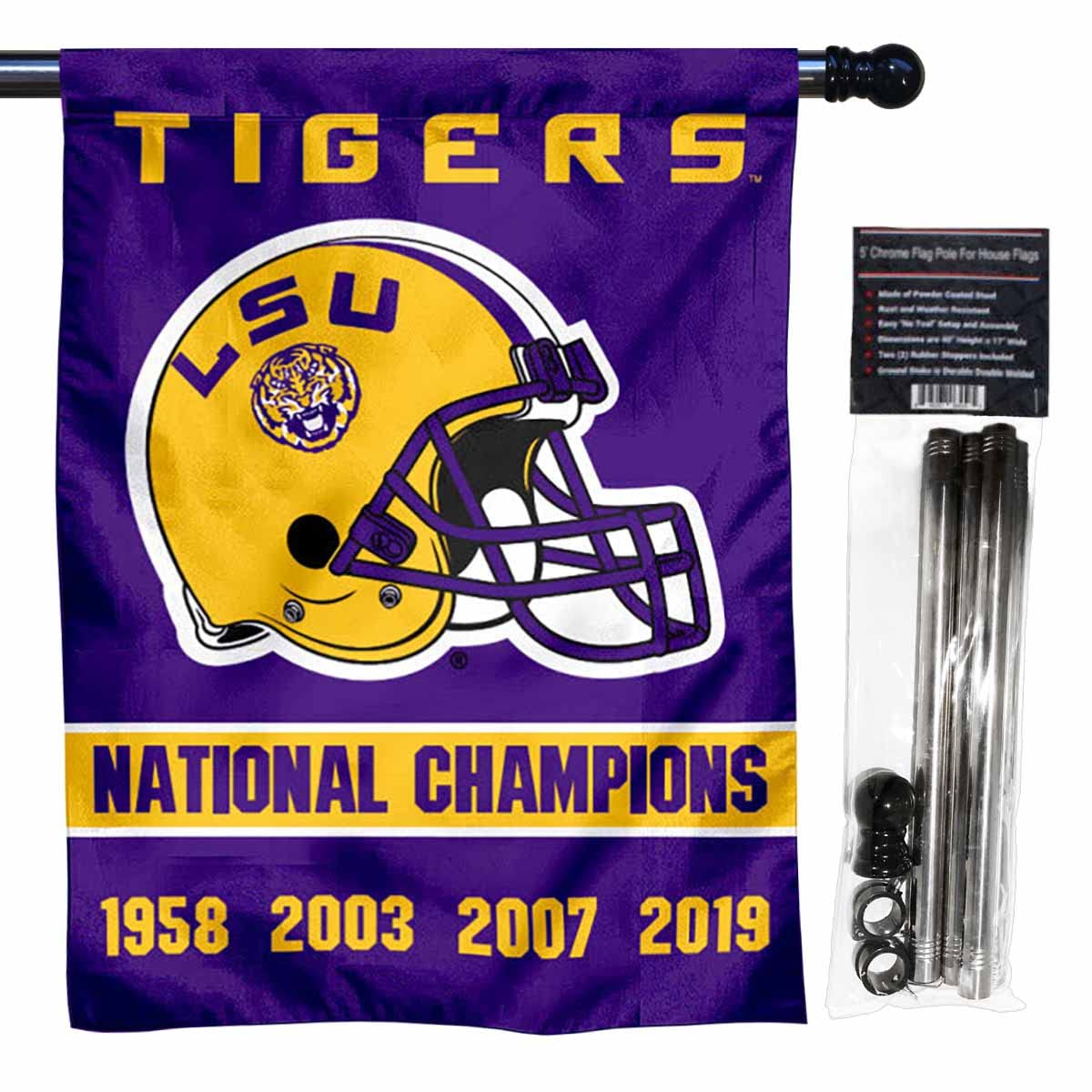 Louisiana State LSU Tigers 2019 and 4 Time Champions Double Sided House Flag with Flag Pole Set - Sports Collectibles, Sports Memorabilia, Sports Fan Shop, Sports Gifts