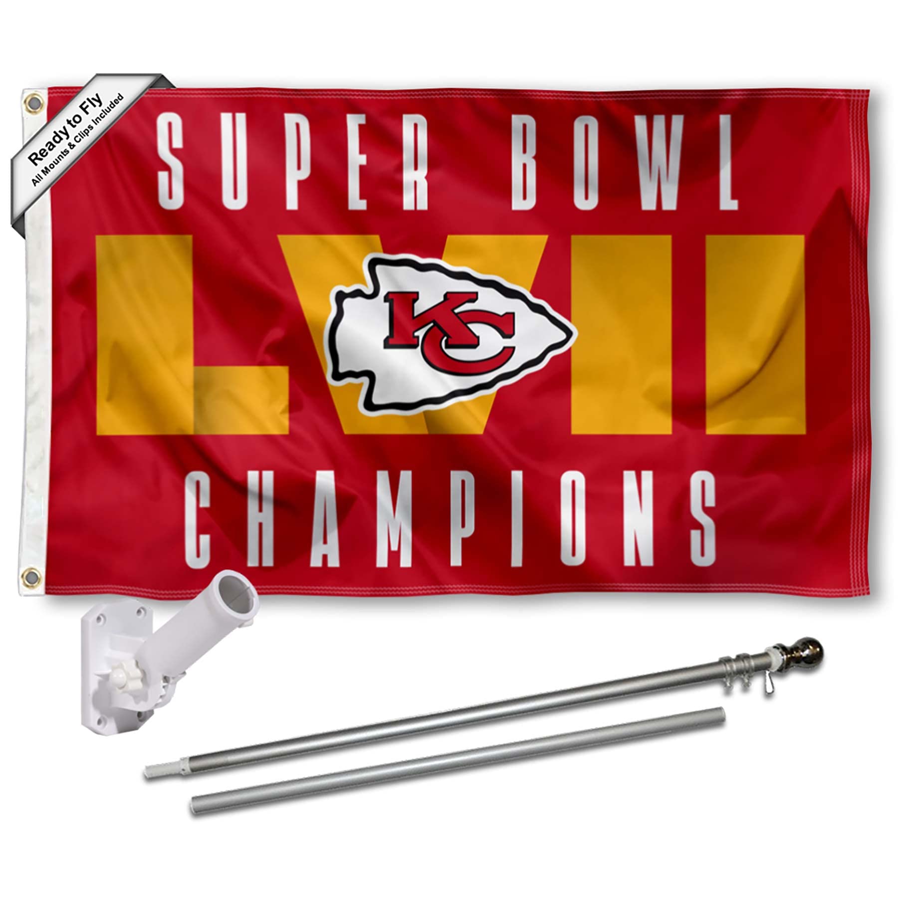 WinCraft Kansas City Chiefs LVII Super Bowl Champions Flag Pole and Bracket Mount Kit - Sports Collectibles, Sports Memorabilia, Sports Fan Shop, Sports Gifts