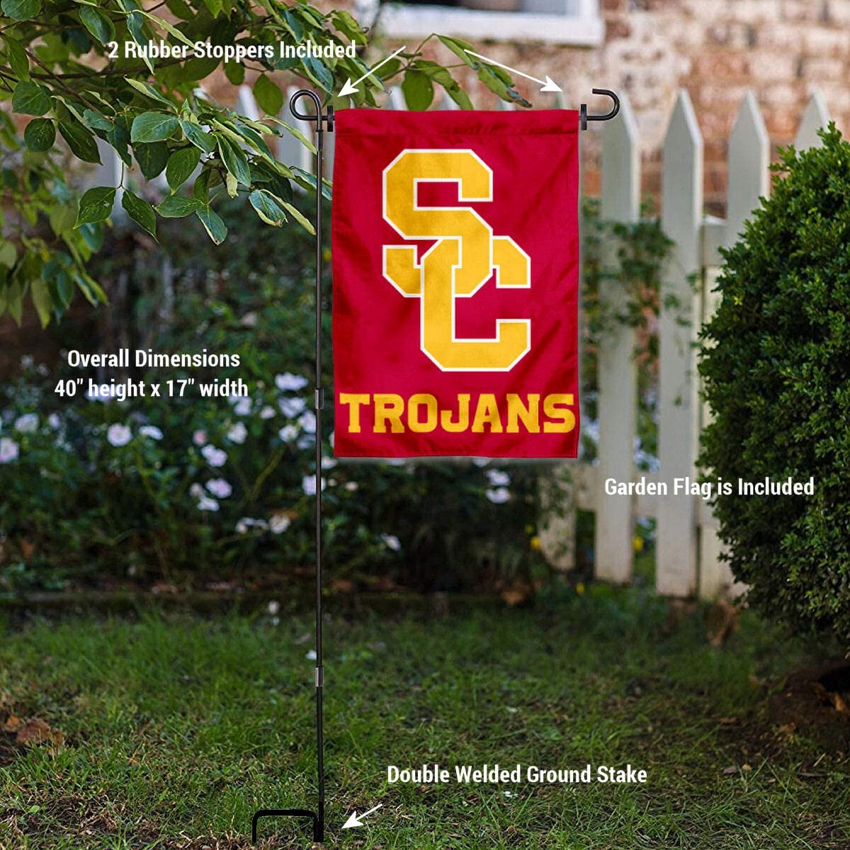College Flags & Banners Co. USC Trojans New SC Logo Garden Flag and USA Stand Pole Holder Set - Sports Collectibles, Sports Memorabilia, Sports Fan Shop, Sports Gifts