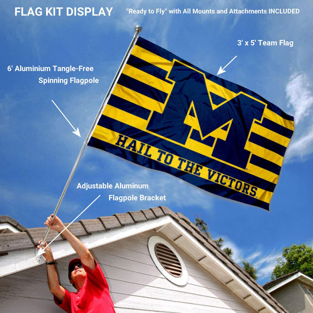 College Flags & Banners Co. Michigan Team University Wolverines Hail to The Victors Flag with Pole and Bracket Kit - Sports Collectibles, Sports Memorabilia, Sports Fan Shop, Sports Gifts