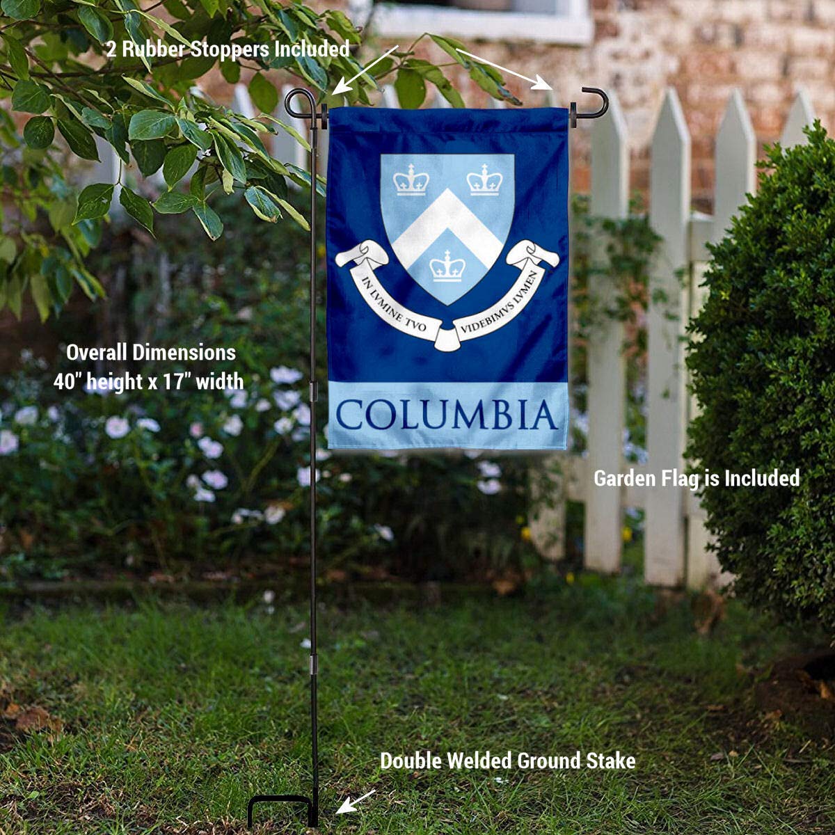 College Flags & Banners Co. Columbia Lions Garden Flag and USA Stand Pole Holder Set - Sports Collectibles, Sports Memorabilia, Sports Fan Shop, Sports Gifts