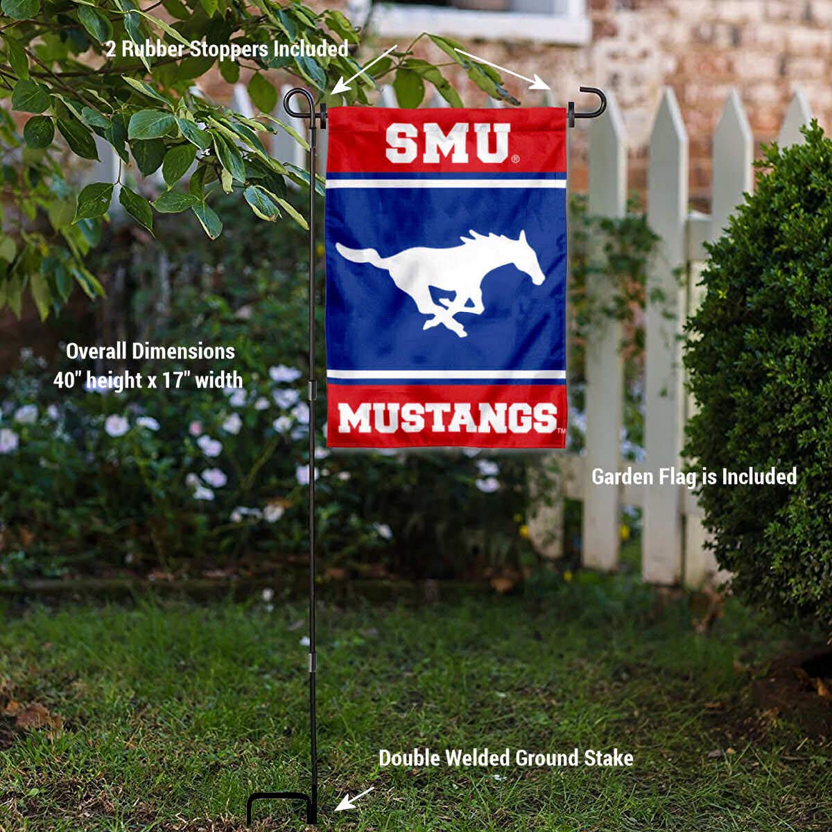 College Flags & Banners Co. Southern Methodist Mustangs Garden Flag with Stand Holder - Sports Collectibles, Sports Memorabilia, Sports Fan Shop, Sports Gifts