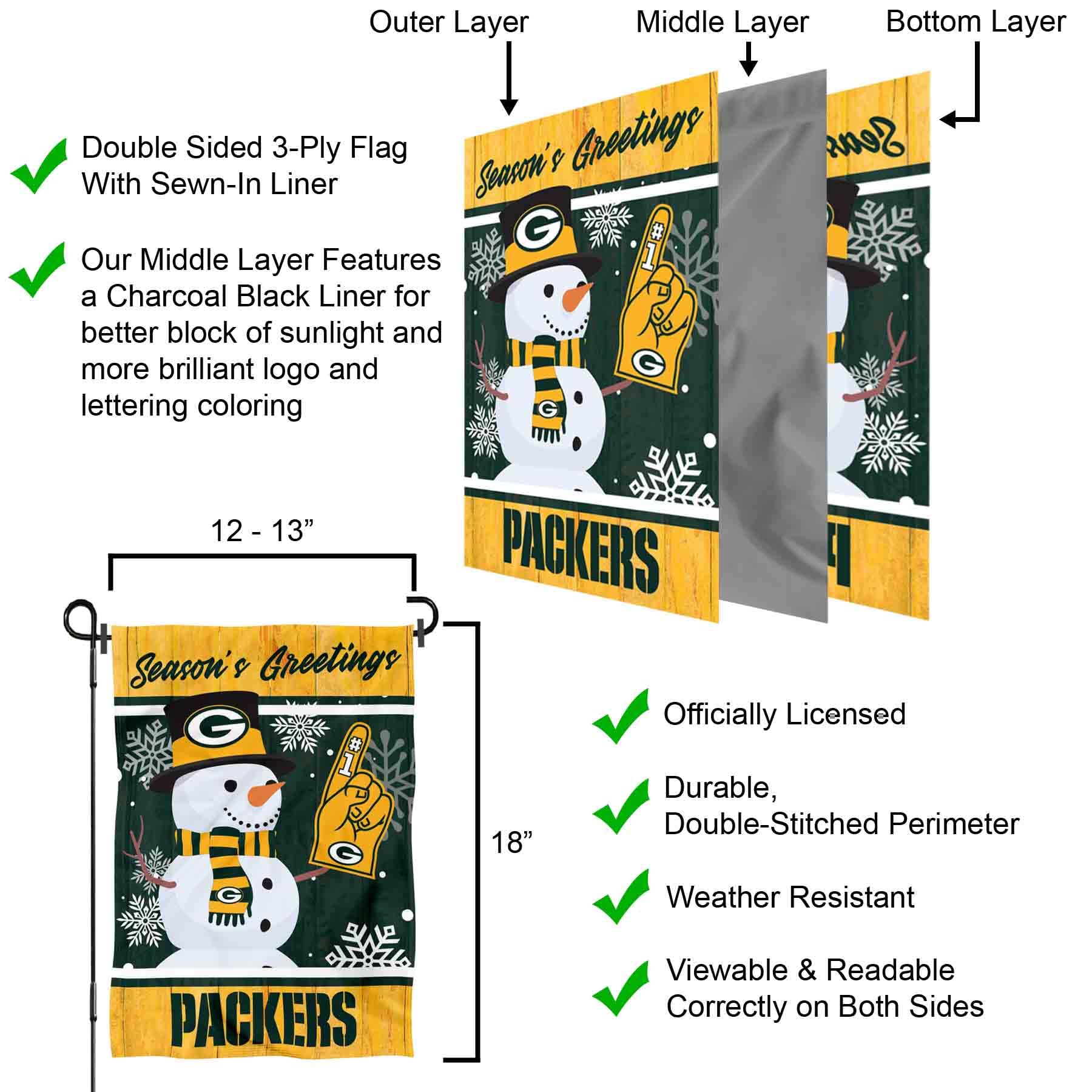 Green Bay Packers Holiday Winter Snow Garden Flag Double Sided Banner - Sports Collectibles, Sports Memorabilia, Sports Fan Shop, Sports Gifts