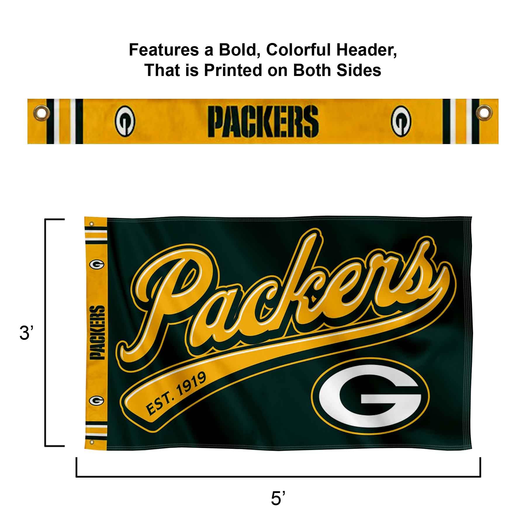 WinCraft Green Bay Packers Script Logo Premium Flag - Sports Collectibles, Sports Memorabilia, Sports Fan Shop, Sports Gifts