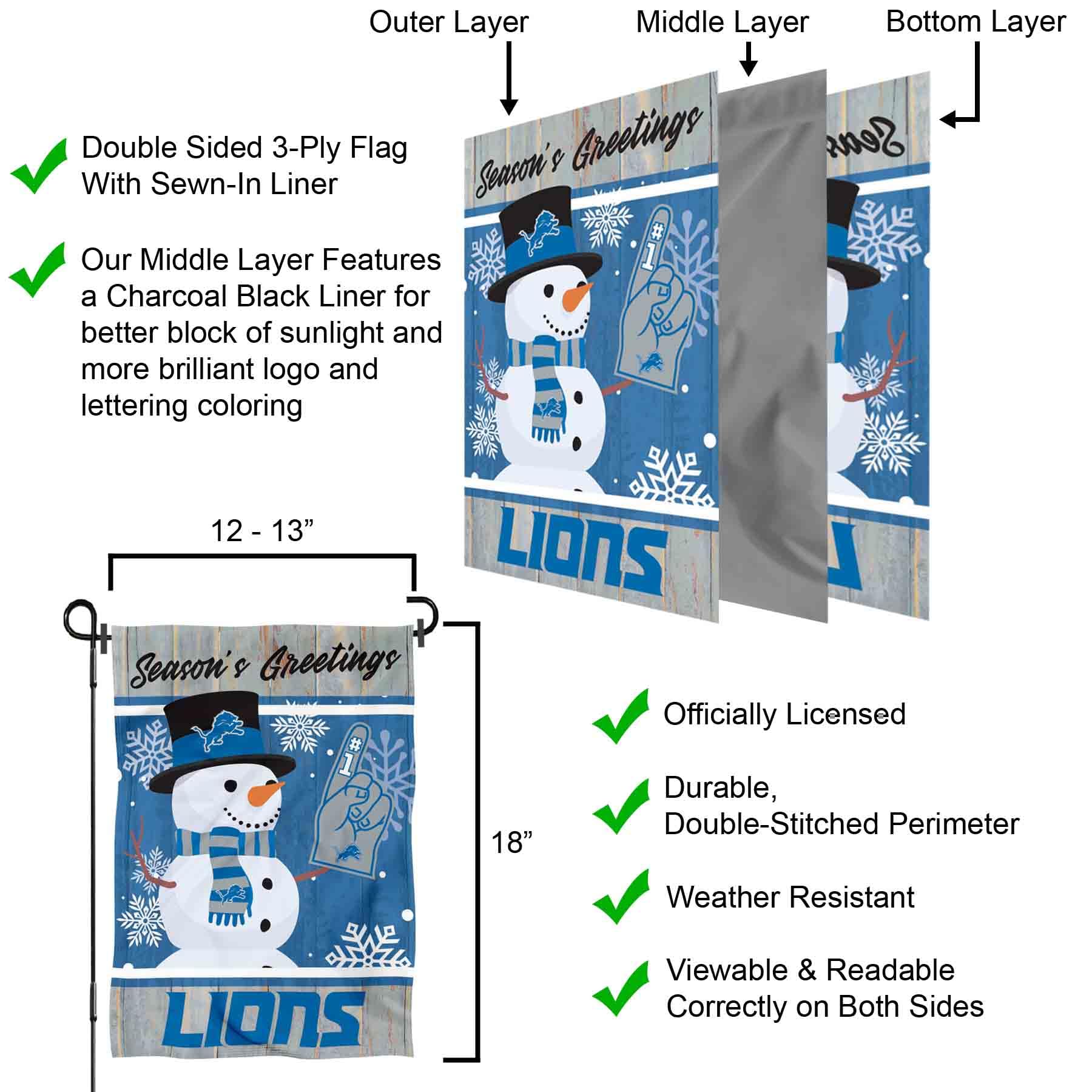 Detroit Lions Holiday Winter Snow Garden Flag Double Sided Banner - Sports Collectibles, Sports Memorabilia, Sports Fan Shop, Sports Gifts