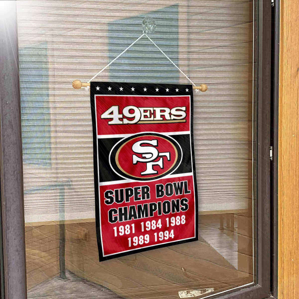 San Francisco 49ers 5 Time Champions Banner Window Wall Hanging Flag with Suction Cup - Sports Collectibles, Sports Memorabilia, Sports Fan Shop, Sports Gifts