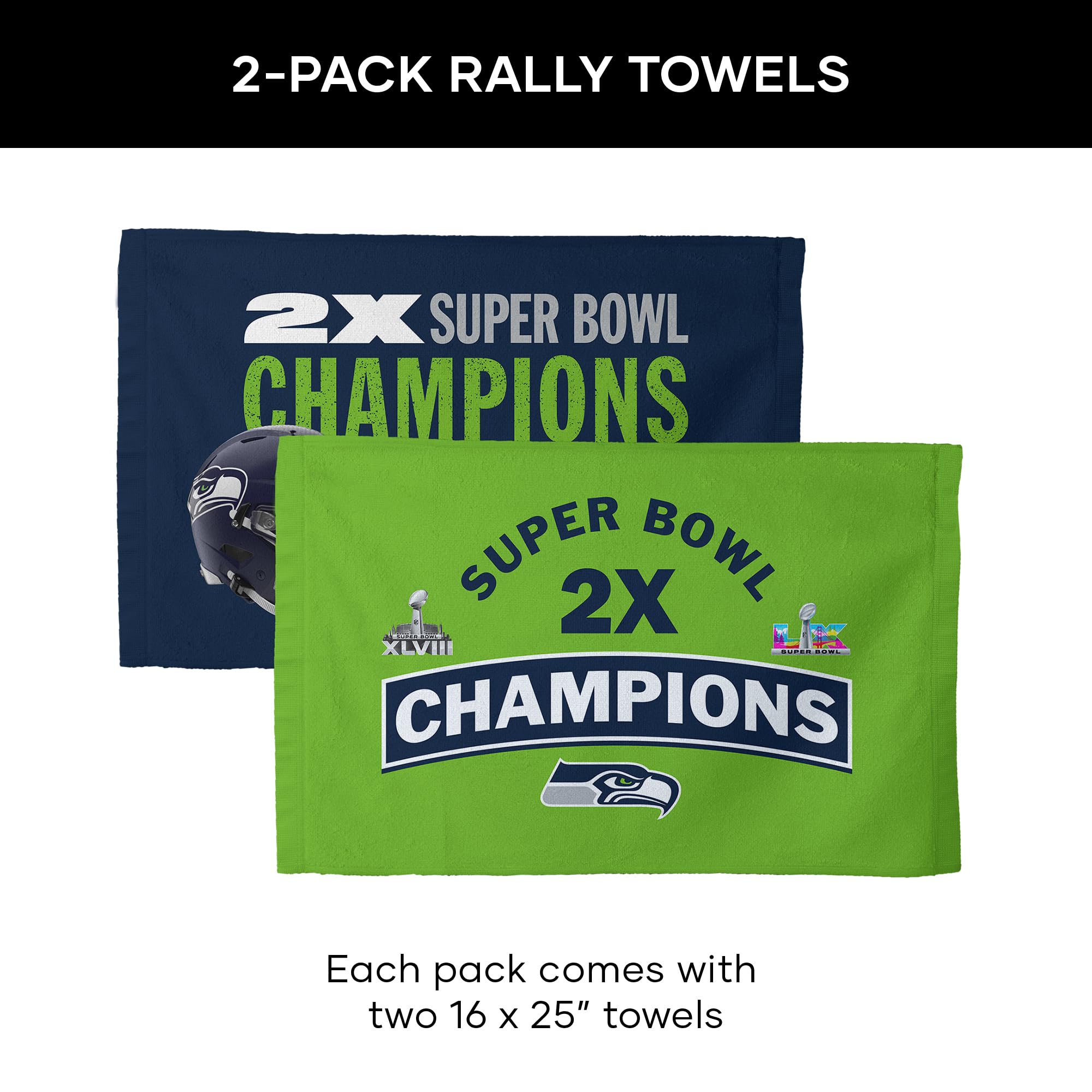 Northwest NFL Super Bowl 2026 Seattle Seahawks Multi Champs Built Fan Towel 2-Pack, 16 x 25 in - Sports Gifts, Sports Memorabilia, Sports Collectibles, Fan Shop