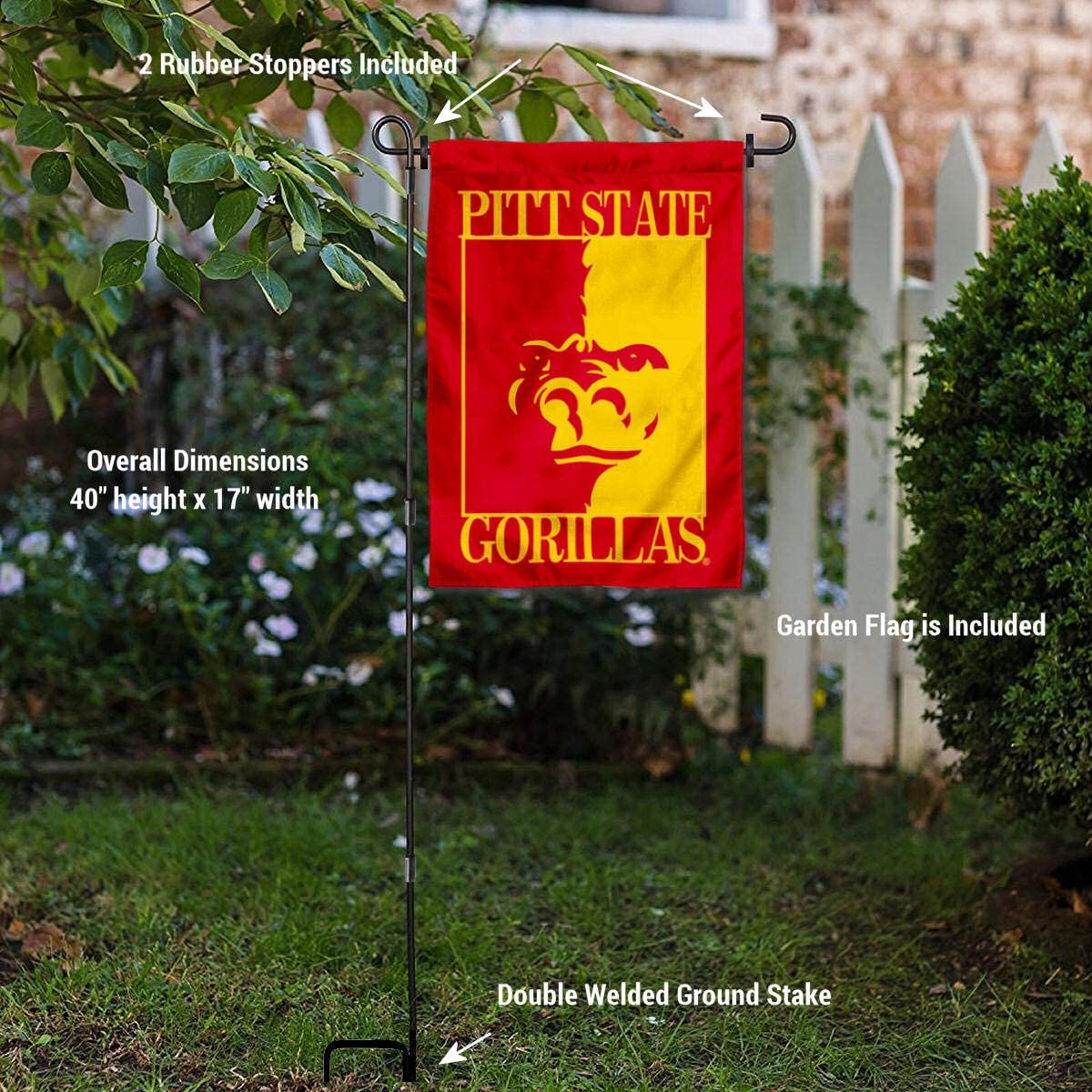 College Flags & Banners Co. Pittsburg State University Garden Flag and Stand Pole Holder Set - Sports Collectibles, Sports Memorabilia, Sports Fan Shop, Sports Gifts