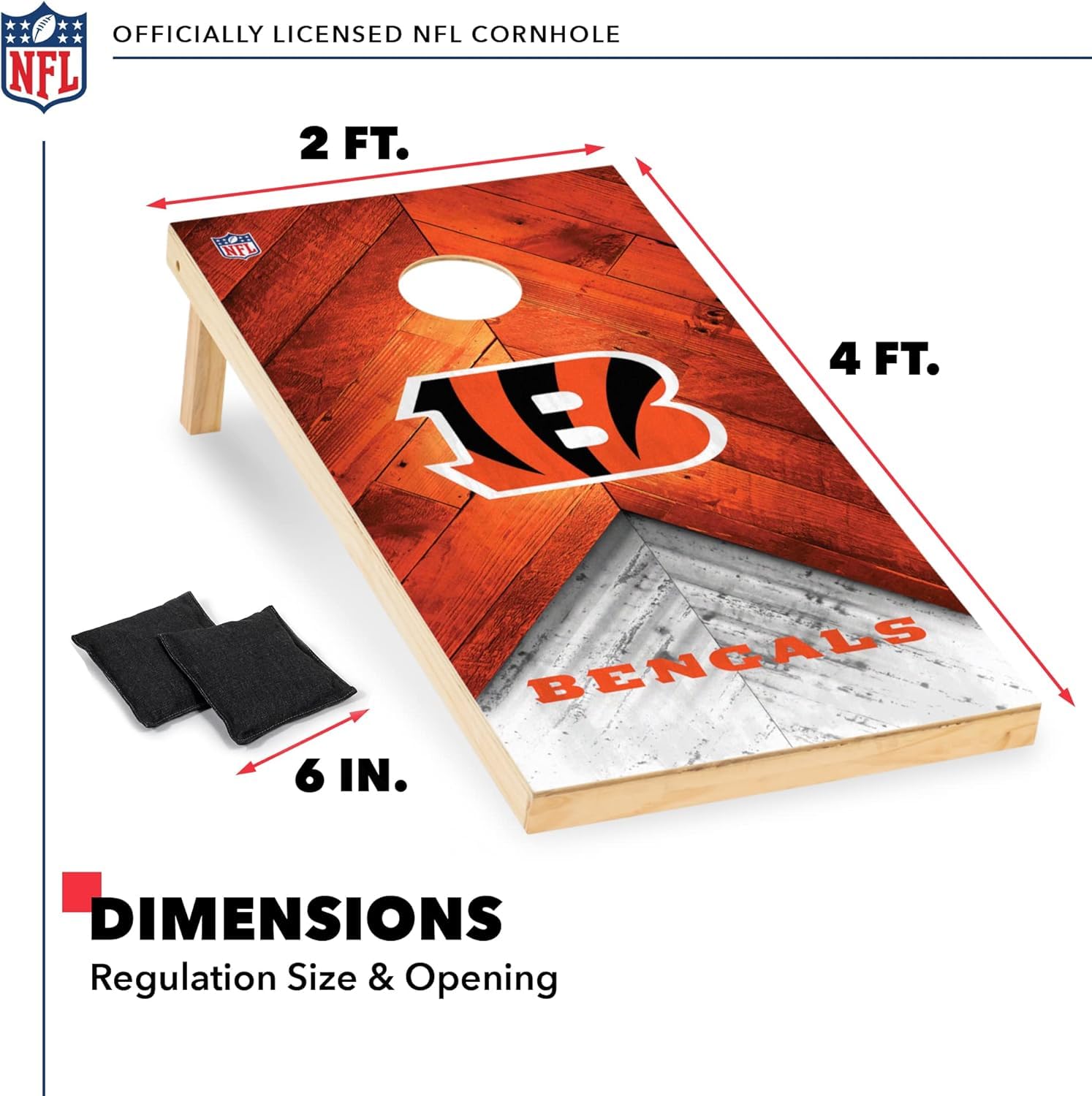Wild Sports NFL Cincinnati Bengals 2' x 4' Regulation Size Solid Wood Cornhole Set with Direct Print HD Team Graphics - Sports Collectibles, Sports Memorabilia, Sports Fan Shop, Sports Gifts