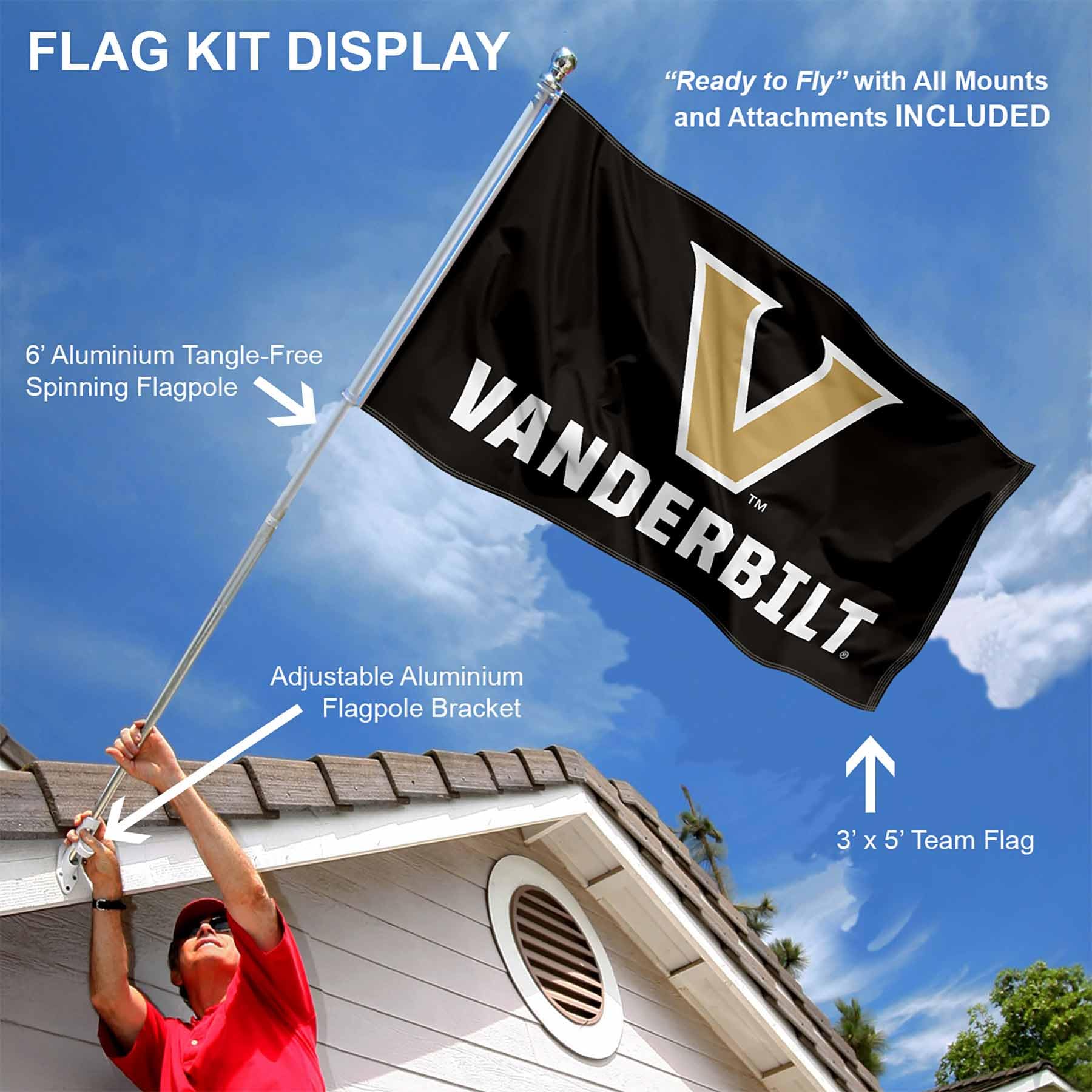 College Flags & Banners Co. Vanderbilt Commodores Flag with Pole and Bracket Holder University Set - Sports Collectibles, Sports Memorabilia, Sports Fan Shop, Sports Gifts