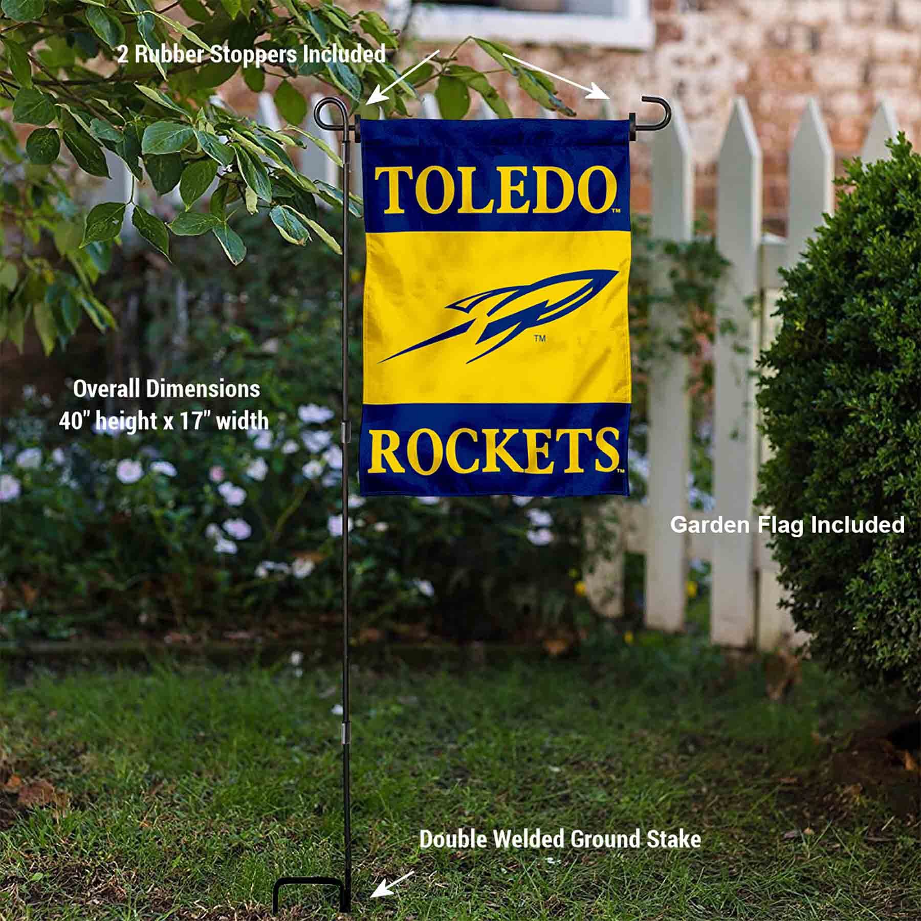 College Flags & Banners Co. Toledo Rockets Garden Flag with Pole Stand Holder - Sports Collectibles, Sports Memorabilia, Sports Fan Shop, Sports Gifts