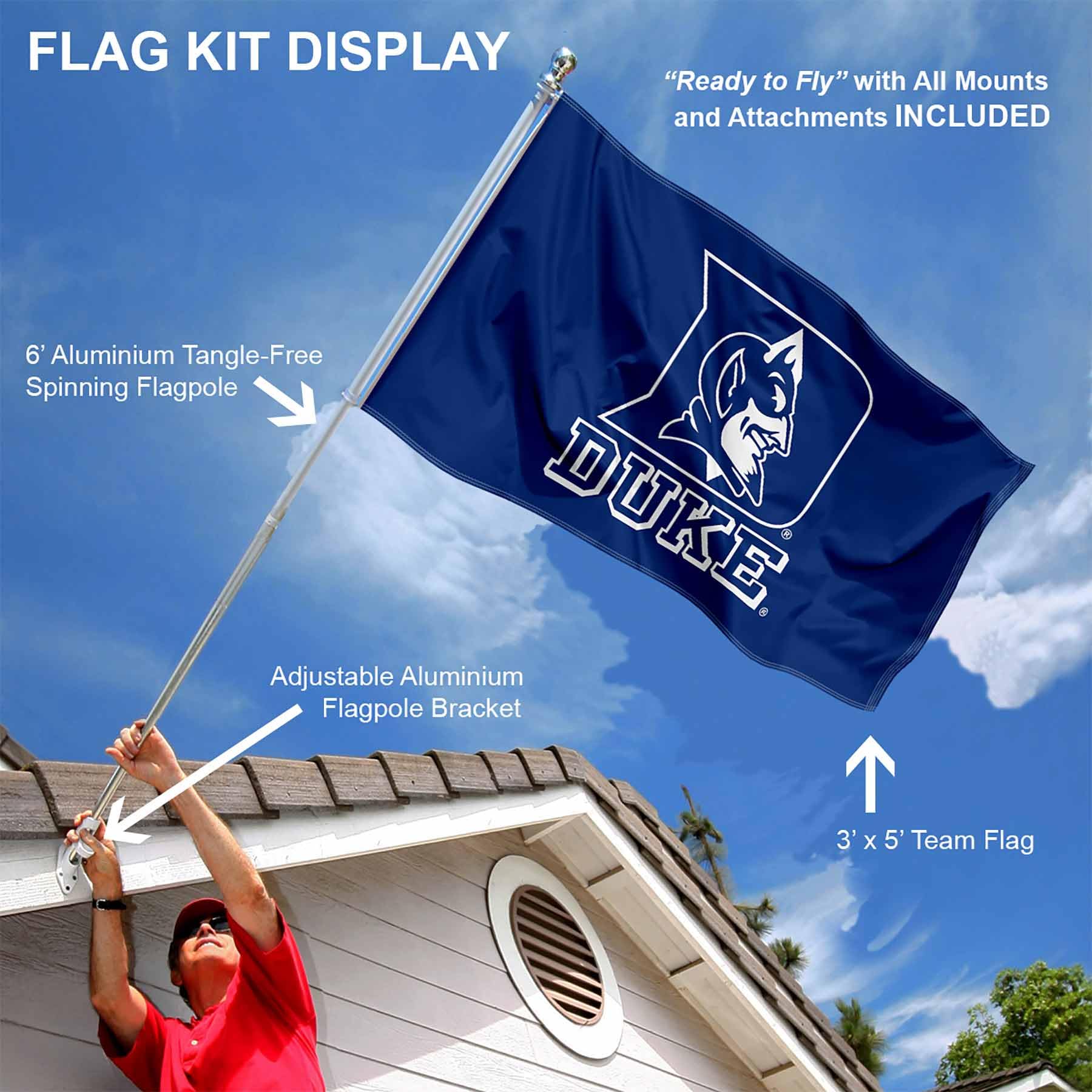 College Flags & Banners Co. Duke Blue Devils Flag with Pole and Bracket Holder University Set - Sports Collectibles, Sports Memorabilia, Sports Fan Shop, Sports Gifts