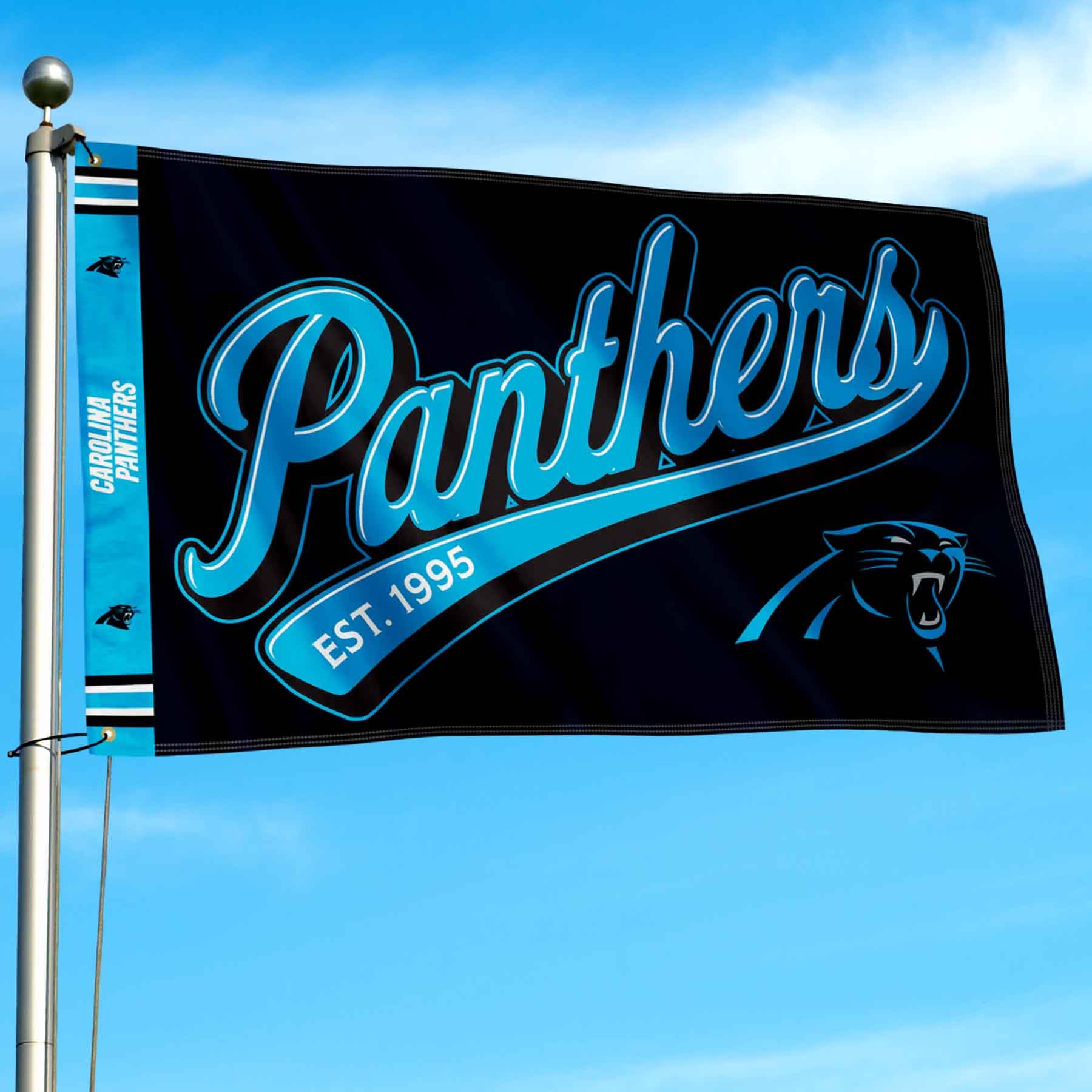 WinCraft Carolina Panthers Script Logo Premium Flag - Sports Collectibles, Sports Memorabilia, Sports Fan Shop, Sports Gifts
