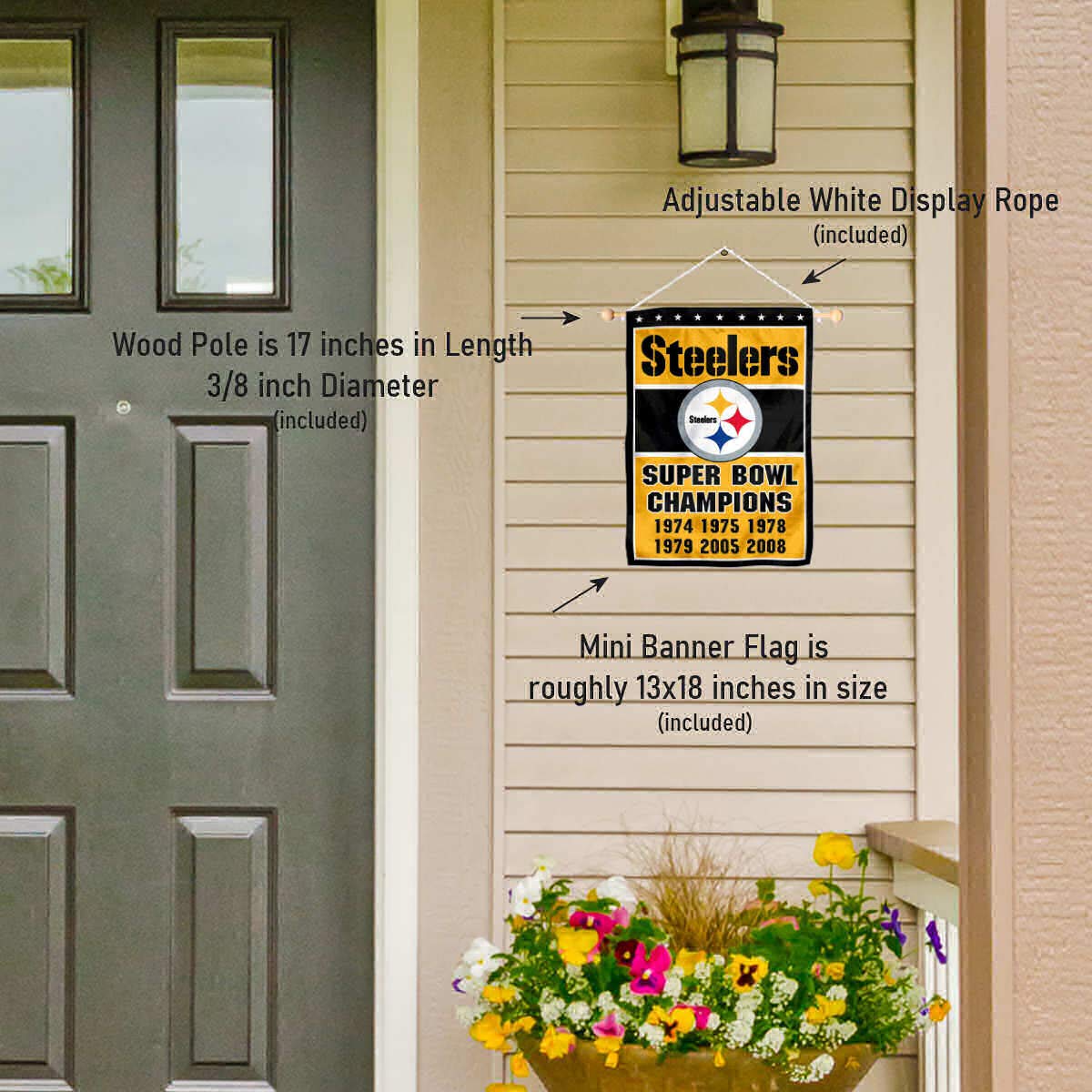 Pittsburgh Steelers 6 Time Champions Banner Window Wall Hanging Flag with Suction Cup - Sports Collectibles, Sports Memorabilia, Sports Fan Shop, Sports Gifts