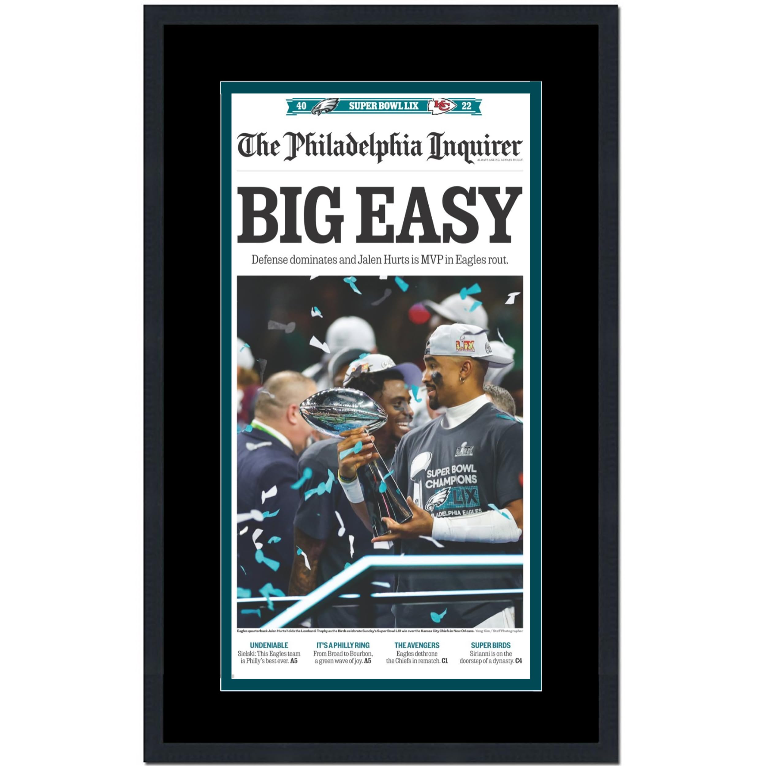 Framed Philadelphia Inquirer Eagles Big Easy Super Bowl LIX 59 Champions 14x24 Football Newspaper Cover Photo Professionally Matted - Sports Collectibles, Sports Memorabilia, Sports Fan Shop, Sports Gifts