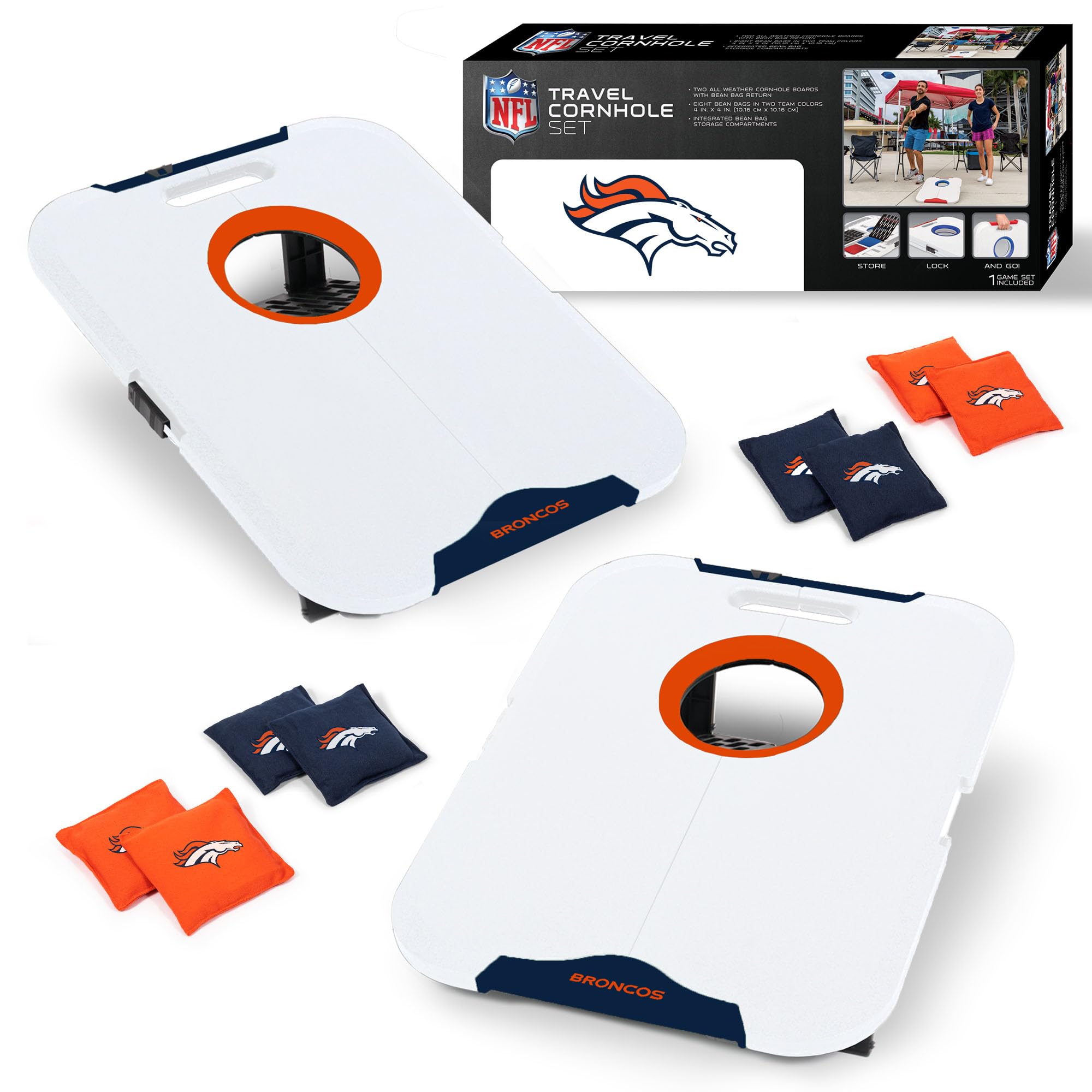 Wild Sports NFL Denver Broncos Pro Football All-Weather Cornhole Set - Travel Bean Bag Toss Set Includes 8 Bean Bags - Sports Collectibles, Sports Memorabilia, Sports Fan Shop, Sports Gifts