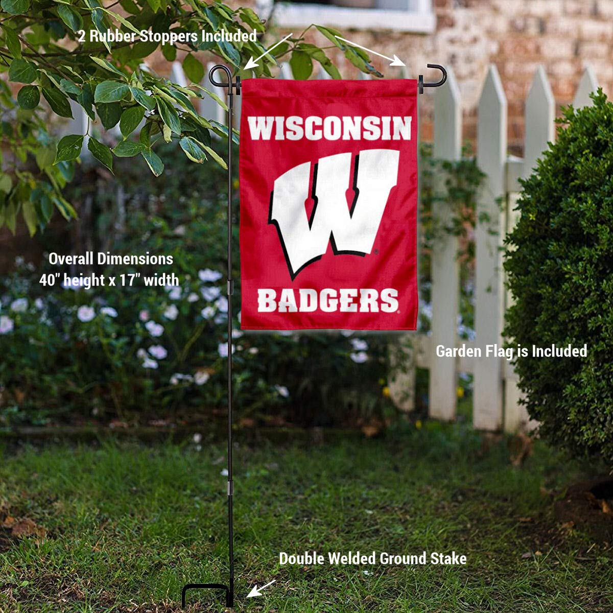 College Flags & Banners Co. Wisconsin Badgers Motion W Garden Flag with Pole Stand Holder - Sports Collectibles, Sports Memorabilia, Sports Fan Shop, Sports Gifts