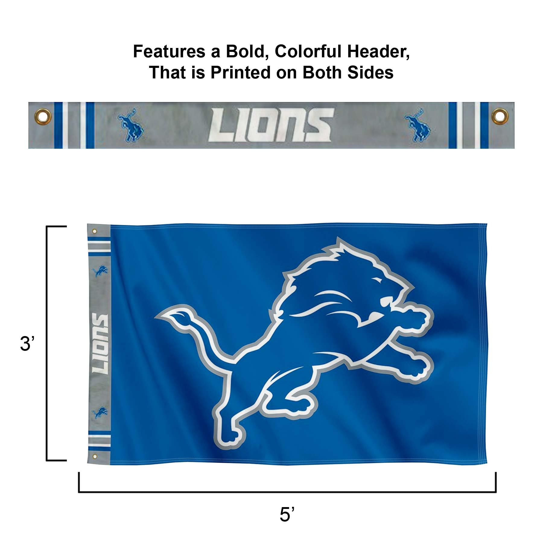 WinCraft Detroit Lions Printed Header 3x5 Foot Banner Flag - Sports Collectibles, Sports Memorabilia, Sports Fan Shop, Sports Gifts