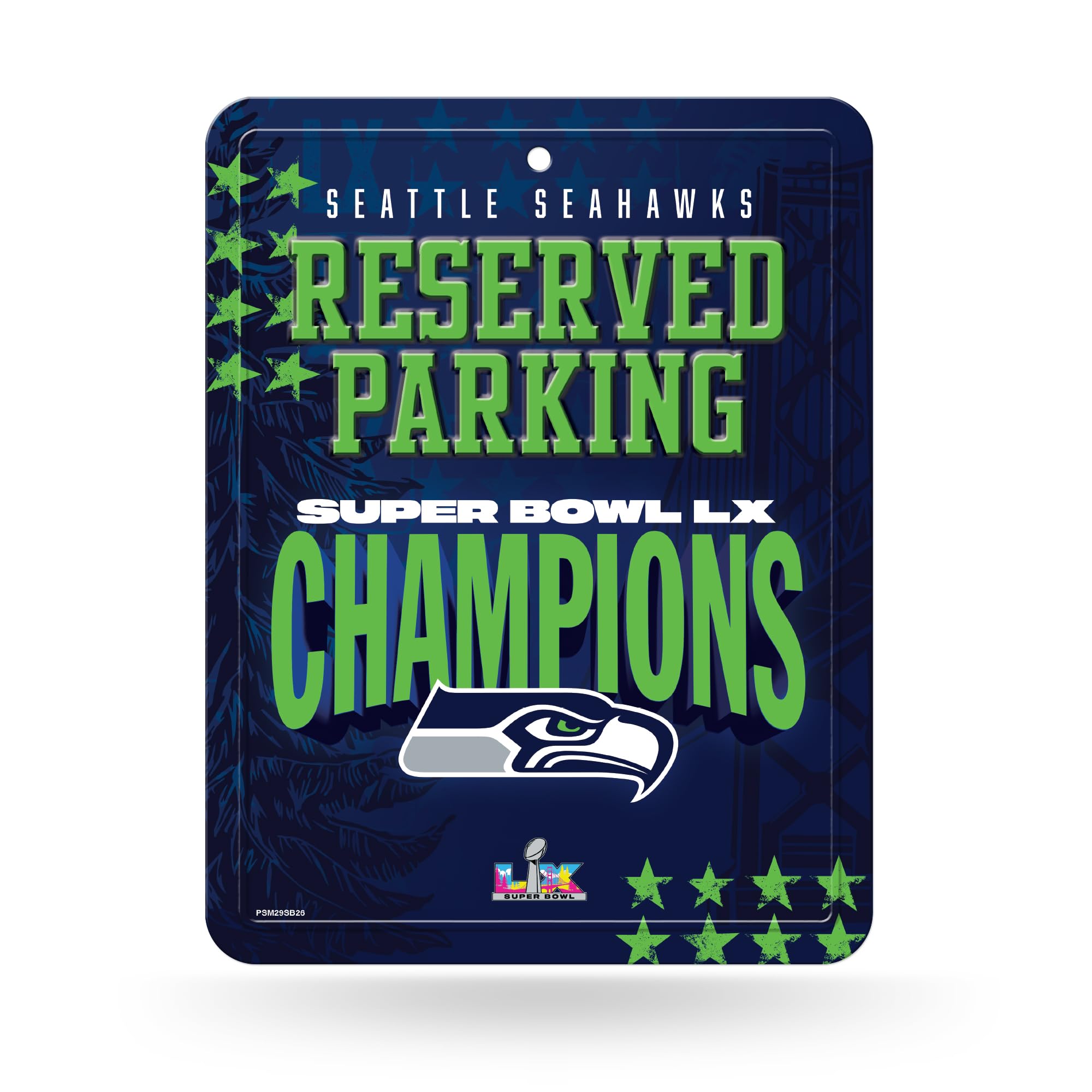 Rico Industries NFL Football Seattle Seahawks 2026 Super Bowl LX Champions 8.5" x 11" Carbon Fiber Metal Parking Sign - Great for Man Cave, Bed Room, Office, Home Décor - Sports Gifts, Sports Memorabilia, Sports Collectibles, Fan Shop