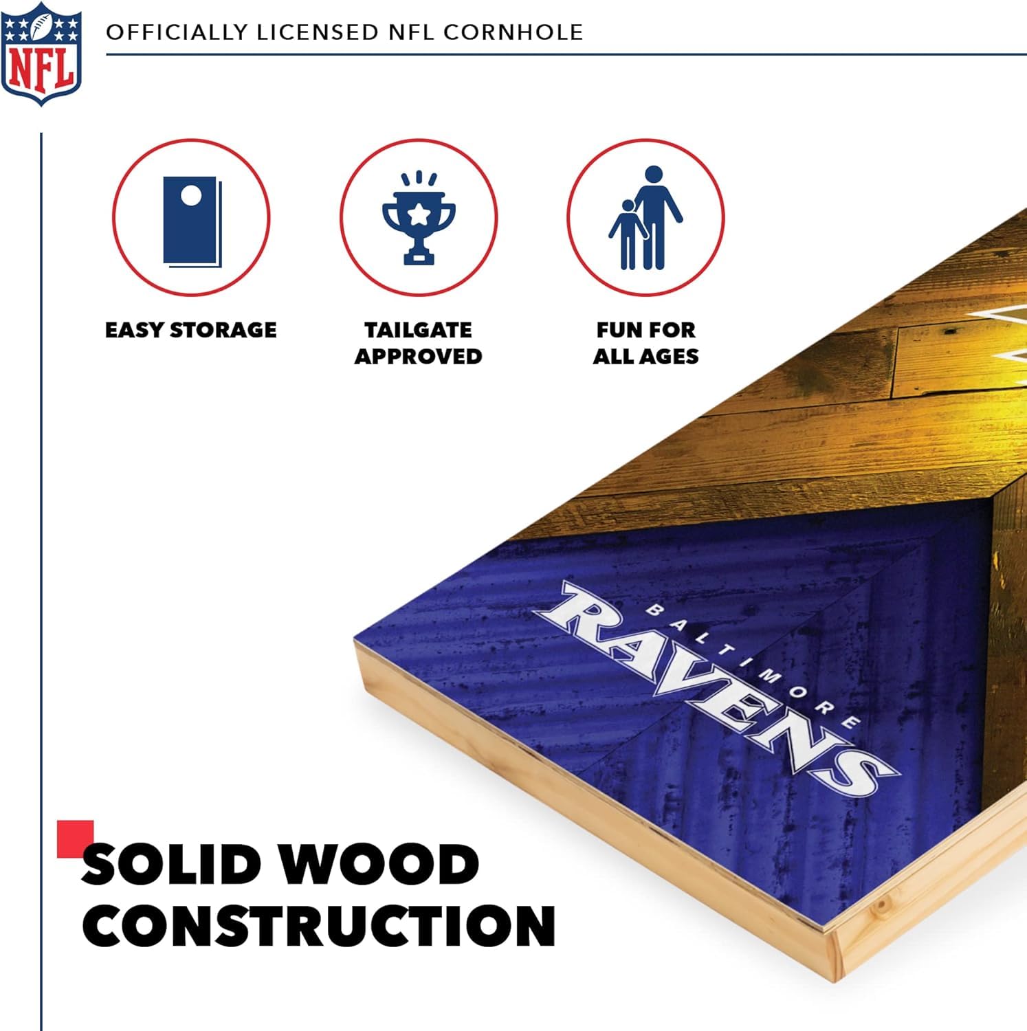 Wild Sports NFL Baltimore Ravens 2' x 4' Regulation Size Solid Wood Cornhole Set with Direct Print HD Team Graphics - Sports Collectibles, Sports Memorabilia, Sports Fan Shop, Sports Gifts