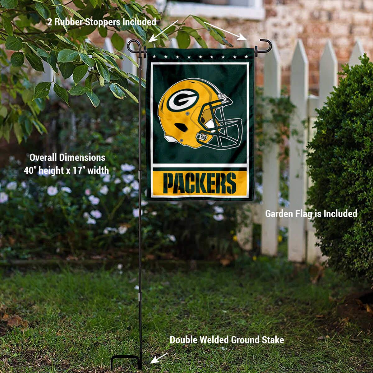WinCraft Green Bay Packers Football Garden Flag and Pole Stand Holder - Sports Collectibles, Sports Memorabilia, Sports Fan Shop, Sports Gifts