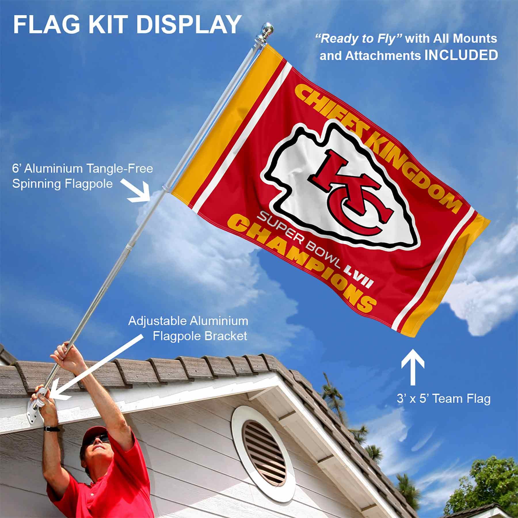 WinCraft Kansas City Chiefs Super Bowl Kingdom Champions Flag Pole and Bracket Mount Kit - Sports Collectibles, Sports Memorabilia, Sports Fan Shop, Sports Gifts