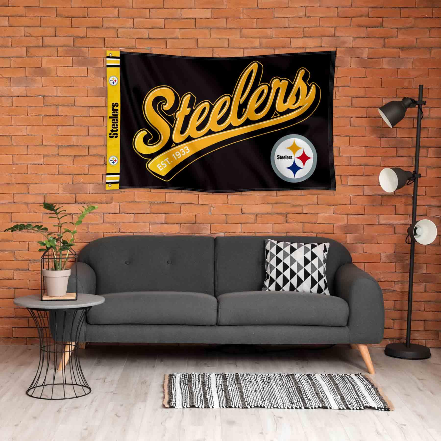 WinCraft Pittsburgh Steelers Script Logo Premium Flag - Sports Collectibles, Sports Memorabilia, Sports Fan Shop, Sports Gifts