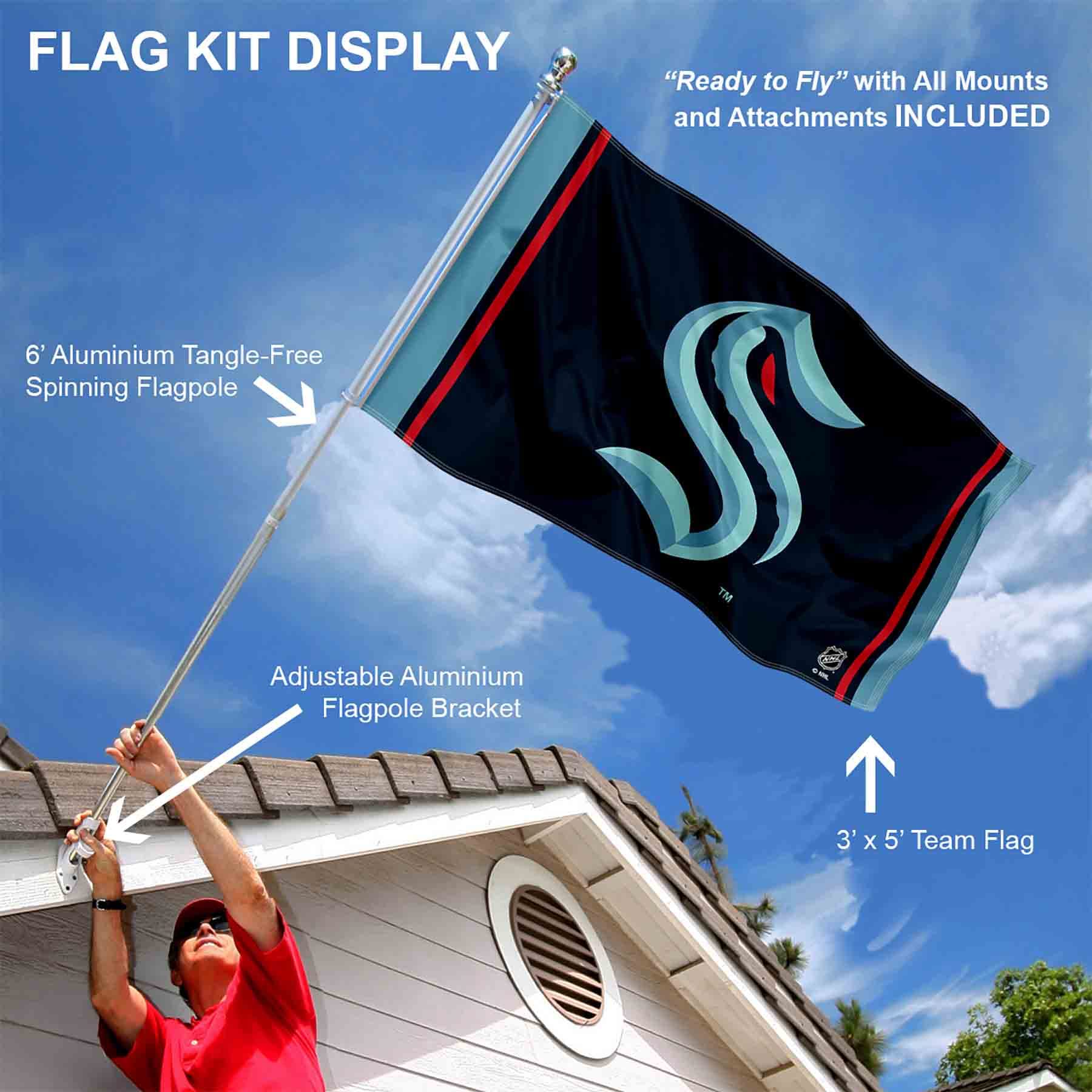 Seattle Kraken Wordmark Flag Pole and Bracket Mounting Set - Sports Collectibles, Sports Memorabilia, Sports Fan Shop, Sports Gifts