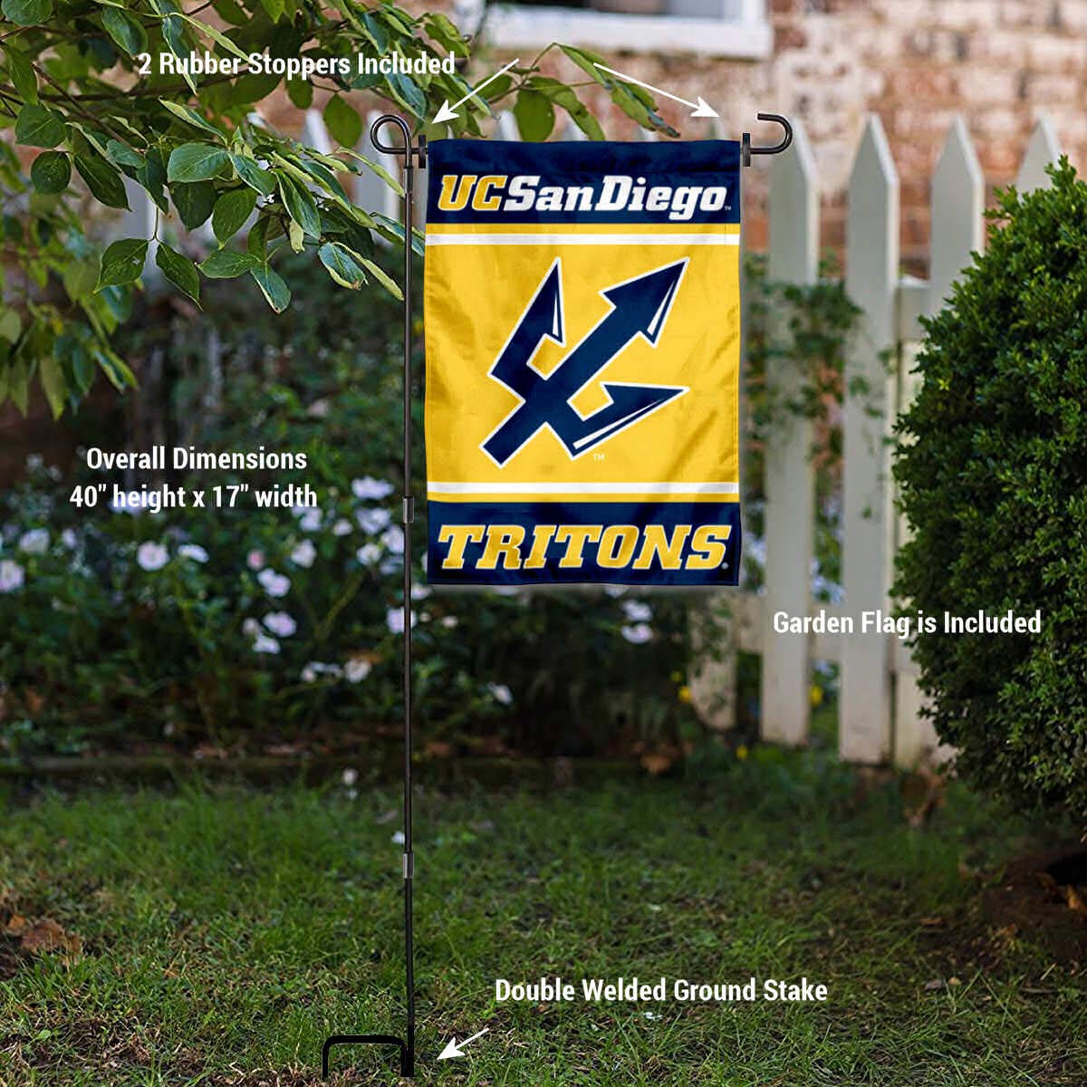 College Flags & Banners Co. San Diego Tritons Garden Flag with Stand Holder - Sports Collectibles, Sports Memorabilia, Sports Fan Shop, Sports Gifts