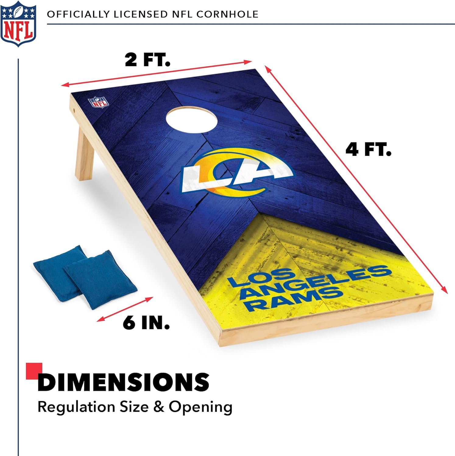 Wild Sports NFL Los Angeles Rams 2' x 4' Regulation Size Solid Wood Cornhole Set with Direct Print HD Team Graphics - Sports Collectibles, Sports Memorabilia, Sports Fan Shop, Sports Gifts