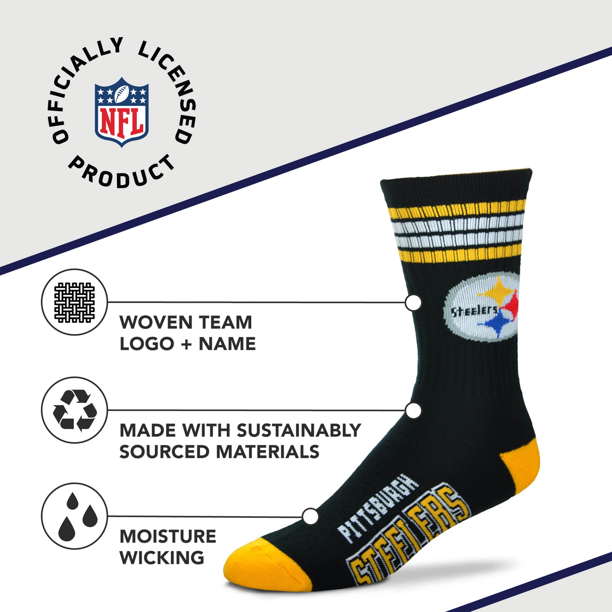For Bare Feet NFL Youth 4 Stripe Deuce Crew Sock, Pittsburgh Steelers, One Size - Sports Gifts, Sports Memorabilia, Sports Collectibles, Fan Shop