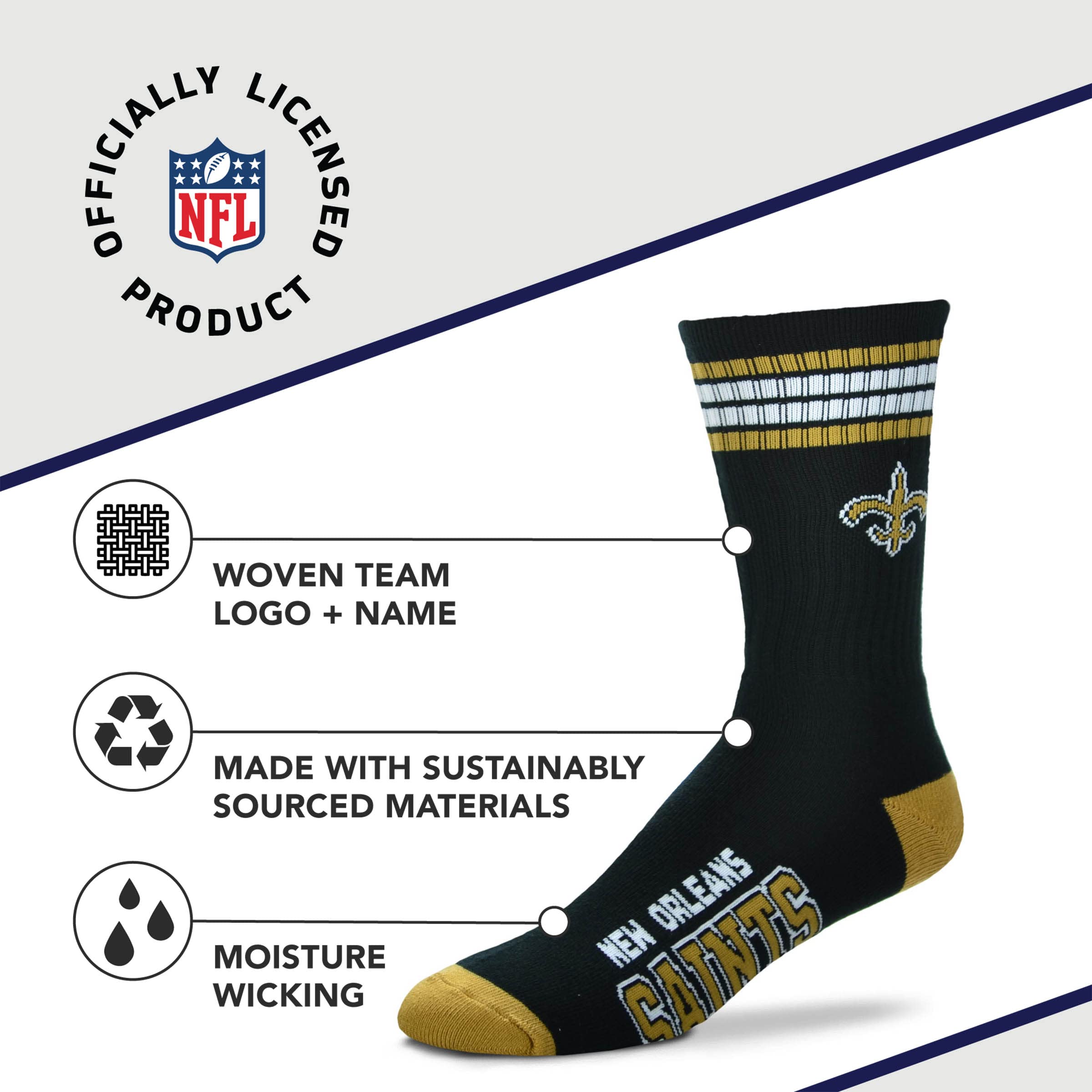 For Bare Feet NFL Youth 4 Stripe Deuce Crew Sock, New Orleans Saints, One Size - Sports Gifts, Sports Memorabilia, Sports Collectibles, Fan Shop