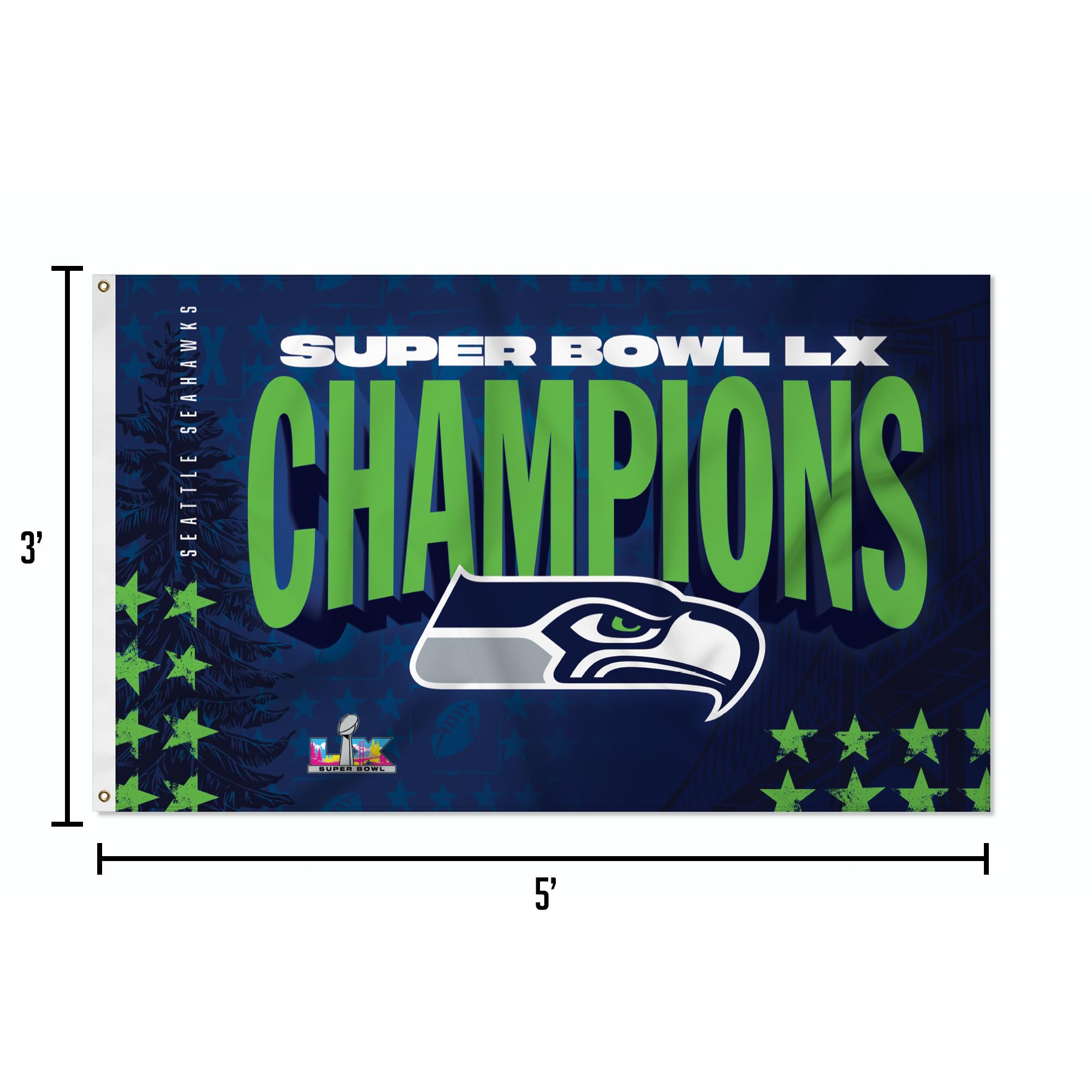 3 ft x 5 ft Fan Banner Flag – Seattle Seahawks Super Bowl LX Champions Football Wall Decor, Lightweight Fabric, Metal Grommets - Sports Gifts, Sports Memorabilia, Sports Collectibles, Fan Shop