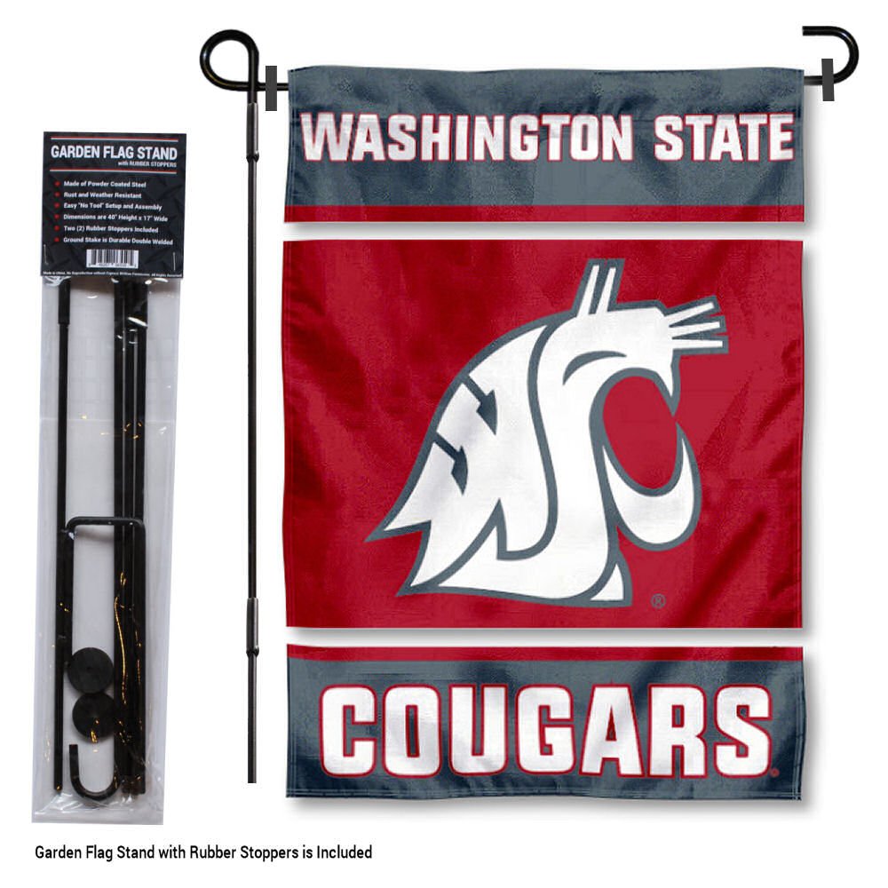 College Flags & Banners Co. Washington State Cougars Garden Flag with Stand Holder - Sports Collectibles, Sports Memorabilia, Sports Fan Shop, Sports Gifts