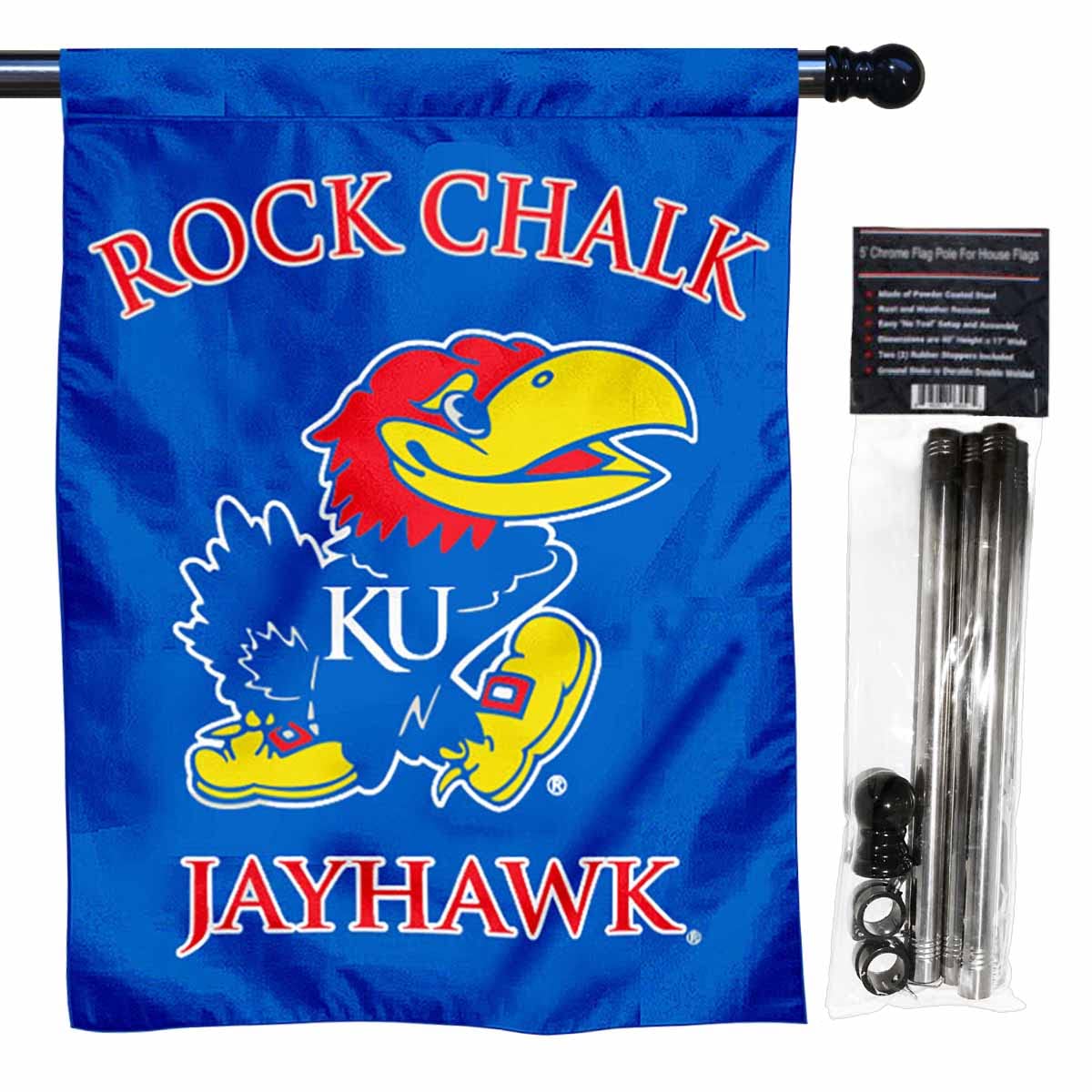 College Flags & Banners Co. University of Kansas House Flag with Flag Pole Set - Sports Collectibles, Sports Memorabilia, Sports Fan Shop, Sports Gifts