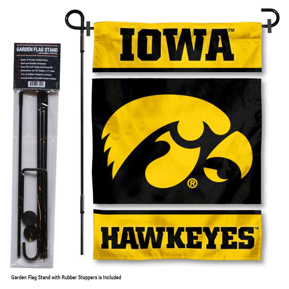 College Flags & Banners Co. Iowa Hawkeyes Garden Flag with Stand Holder - Sports Collectibles, Sports Memorabilia, Sports Fan Shop, Sports Gifts