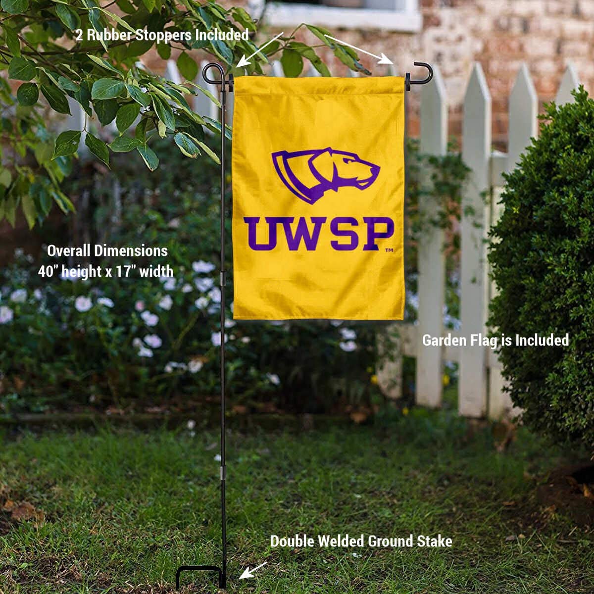 College Flags & Banners Co. UW Stevens Point Pointers Logo Garden Flag and USA Flag Stand Pole Holder Set - Sports Collectibles, Sports Memorabilia, Sports Fan Shop, Sports Gifts
