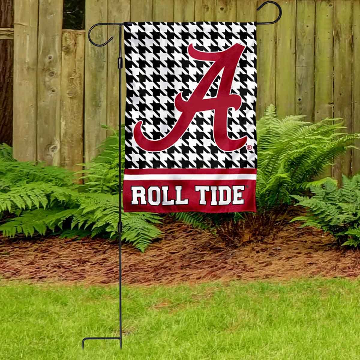 Alabama Crimson Tide Houndstooth Pattern Garden Banner Flag with Stand Pole Holder - Sports Collectibles, Sports Memorabilia, Sports Fan Shop, Sports Gifts
