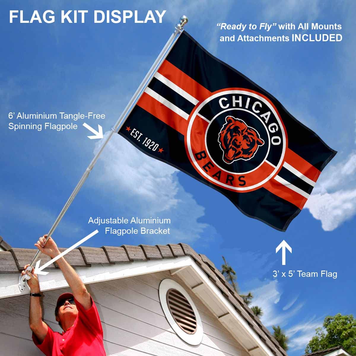 WinCraft Chicago Bears Patch Logo Flag Pole and Bracket Mount Kit - Sports Collectibles, Sports Memorabilia, Sports Fan Shop, Sports Gifts