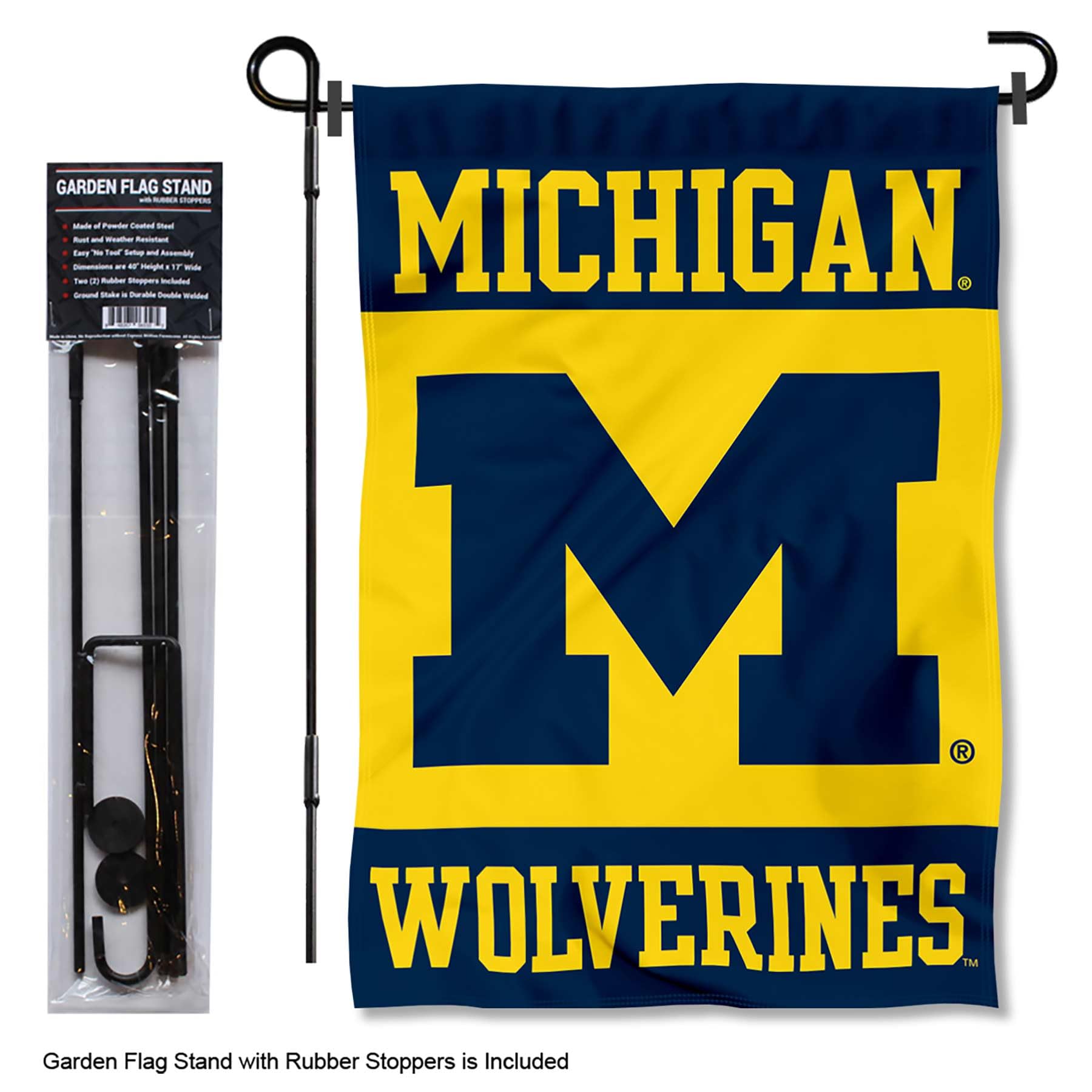 College Flags & Banners Co. Michigan Team University Wolverines Yellow Garden Flag with Pole Stand Holder - Sports Collectibles, Sports Memorabilia, Sports Fan Shop, Sports Gifts