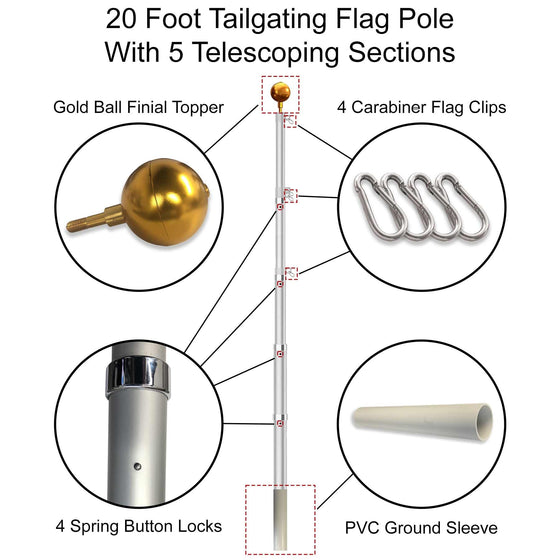 College Flags & Banners Co. 20 Feet Tailgating Flag Pole Telescopic Aluminum - Sports Collectibles, Sports Memorabilia, Sports Fan Shop, Sports Gifts