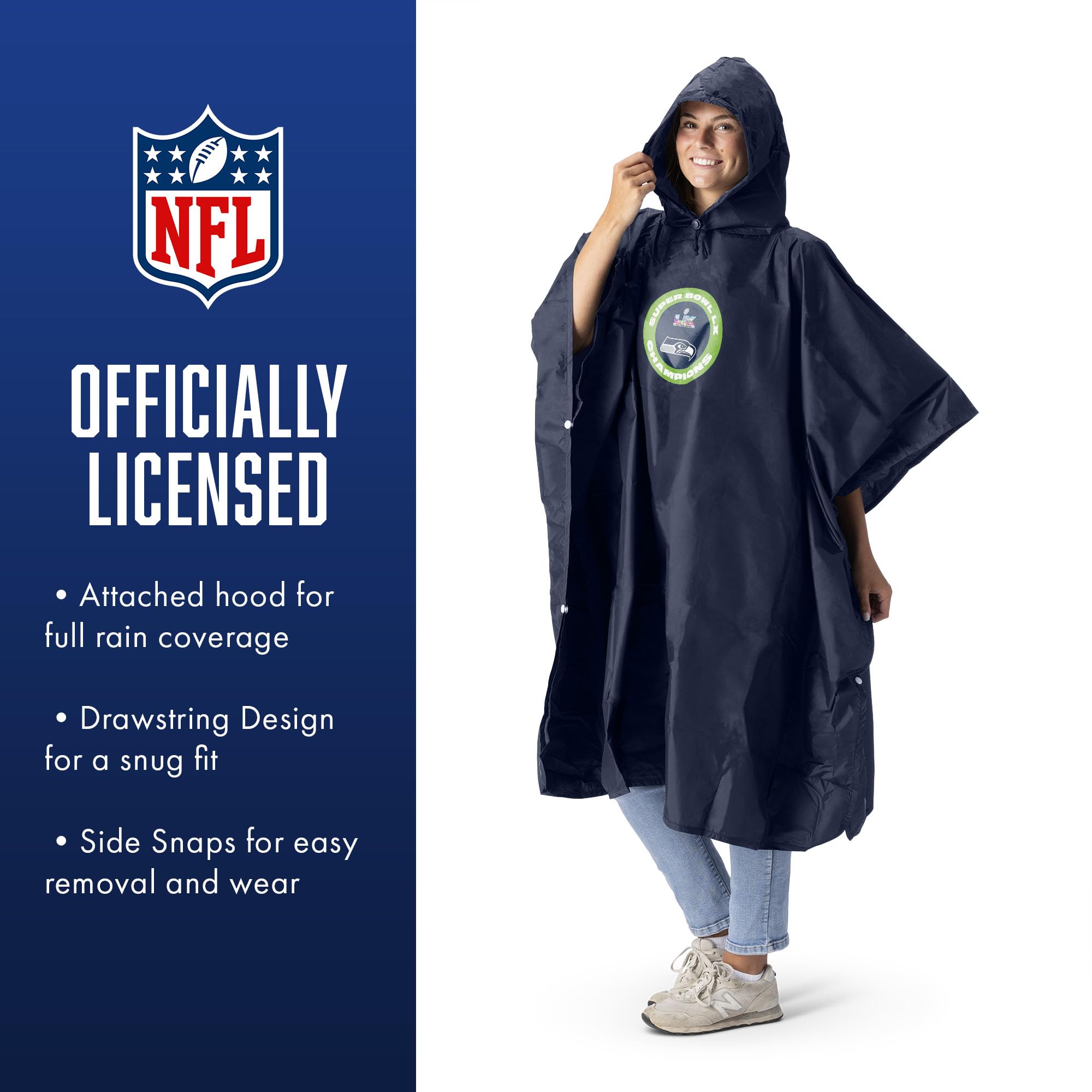 Northwest NFL Super Bowl 2026 Seattle Seahawks Champs Pier Team Color Deluxe Pullover Rain Poncho, 44 x 49 in - Sports Gifts, Sports Memorabilia, Sports Collectibles, Fan Shop