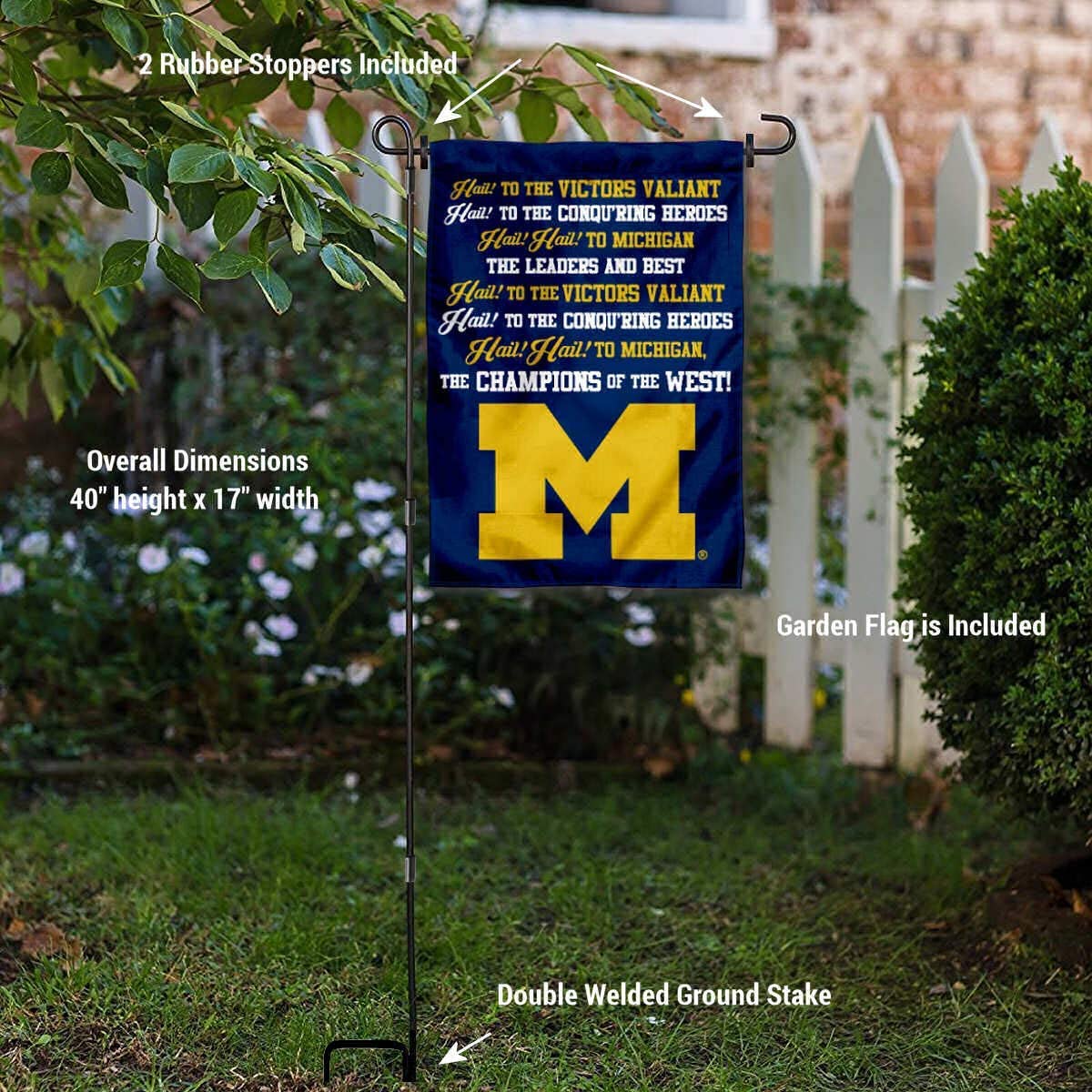 College Flags & Banners Co. Michigan Wolverines Fight Song Garden Flag and Flag Stand Pole Holder Set - Sports Collectibles, Sports Memorabilia, Sports Fan Shop, Sports Gifts